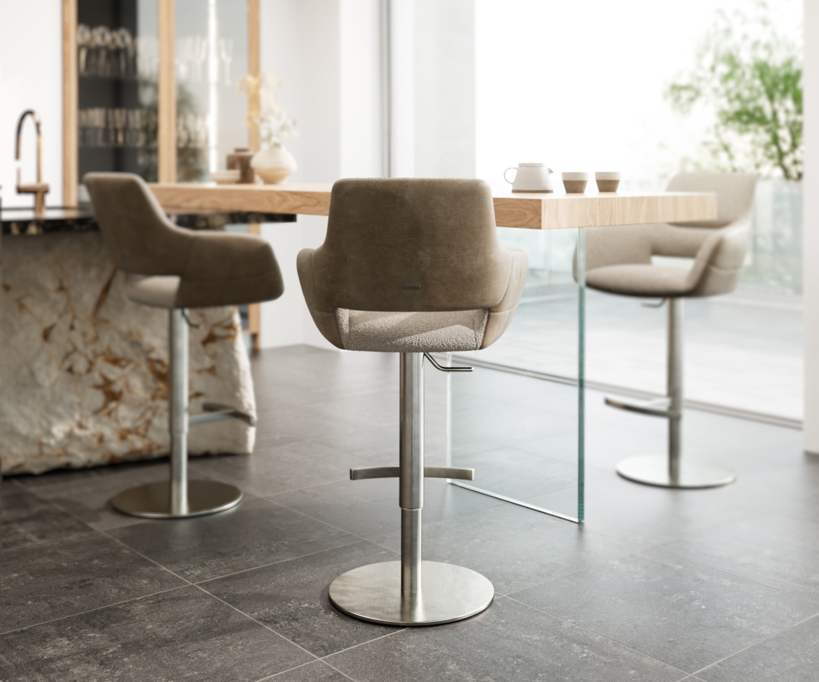 Chaise-de-bar Yago-Flex mélange de matériaux microfibre boue / bouclé boue pied pivotant hauteur réglable inoxydable pivotant ressorts ensachés 2 Chaise-de-bar Yago-Flex mélange de matériaux microfibre boue / bouclé boue pied pivotant hauteur réglable inoxydable pivotant ressorts ensachés 2