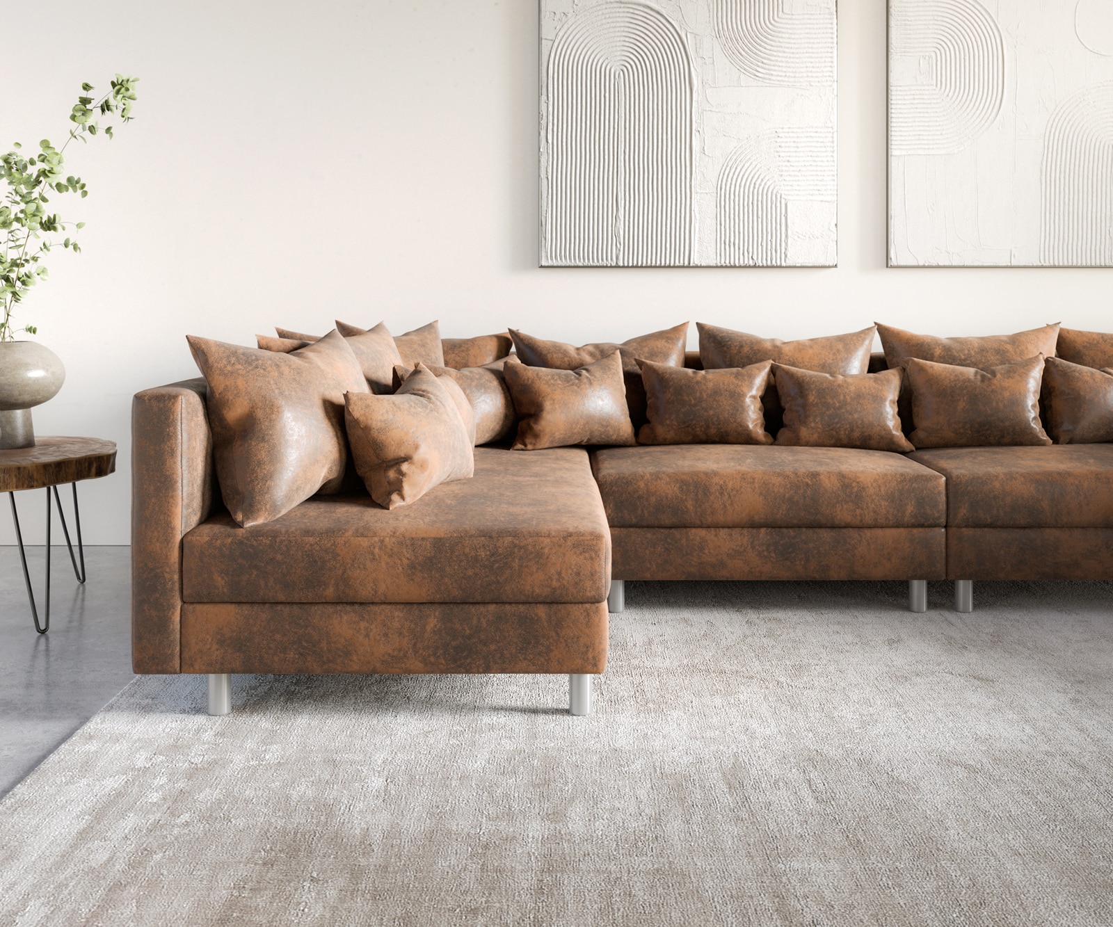 Canapé-panoramique Clovis XL marron look antique tabouret modulaire  5 Canapé-panoramique Clovis XL marron look antique tabouret modulaire  5