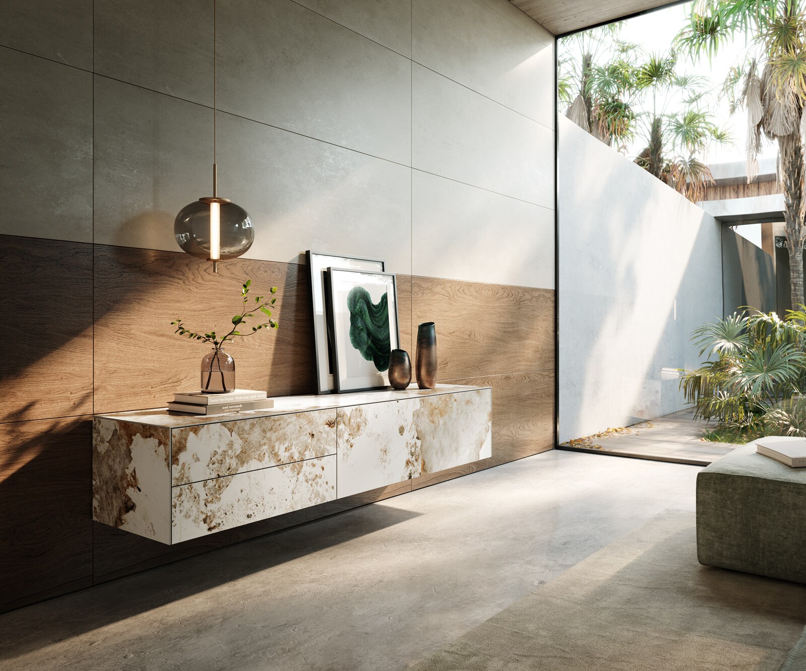 Meuble-TV Cuor 180 cm Céramique Minas Melange Blanc-beige 1 Clapet 2 Tiroirs Flottant 1