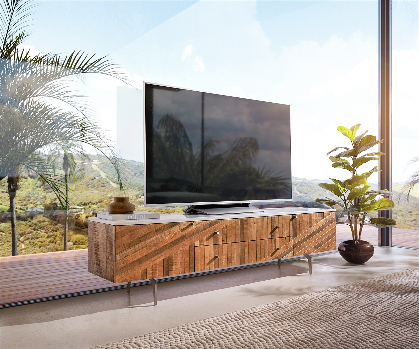 Lowboard Bahan Mango Teak Plateau en marbre blanc 5