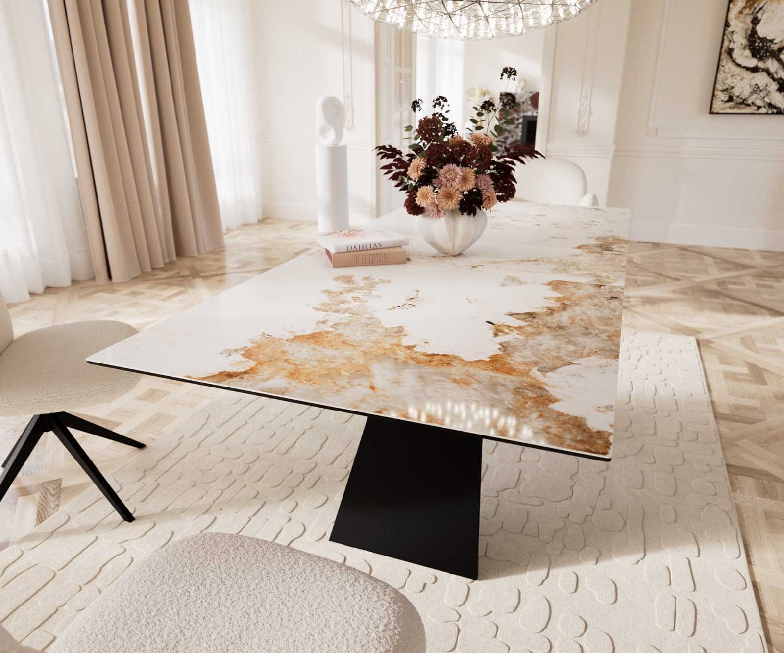 Table à manger Edge 180-220x100 céramique Minas mélange blanc-beige cadre en V acier plat noir extensible 6 Table à manger Edge 180-220x100 céramique Minas mélange blanc-beige cadre en V acier plat noir extensible 6