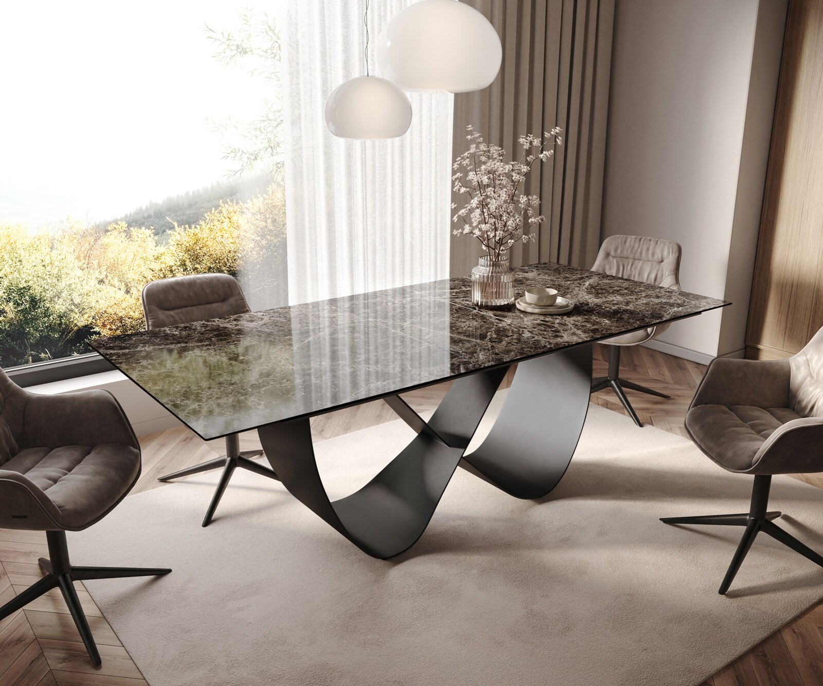 Table de salle à manger Edge Céramique Emperador Extra Lucidato Brun foncé 180-220x100 Infinity Métal Noir extensible