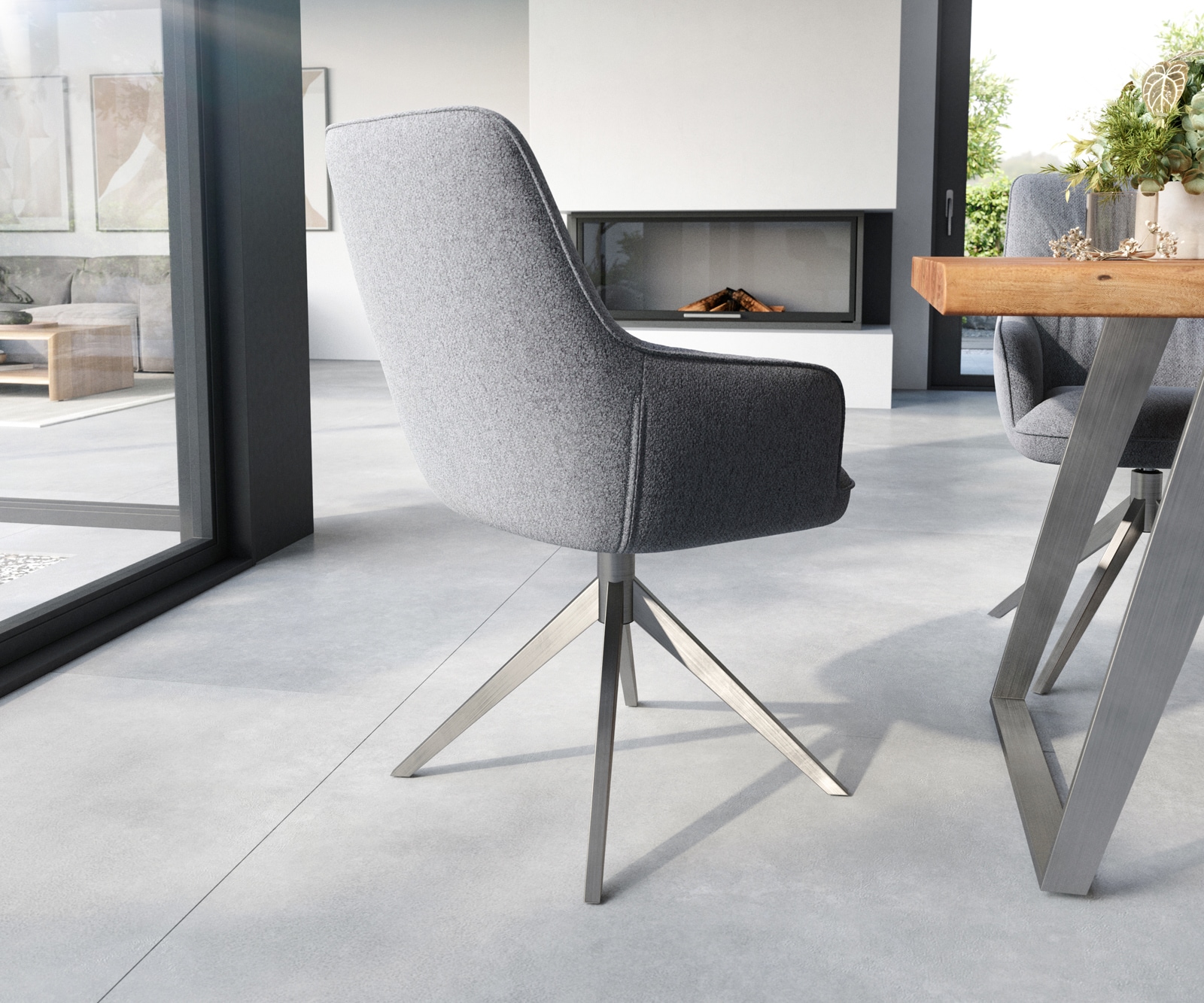 Chaise-de-salle-à-manger Zelia-Flex avec accoudoirs tissu texturé gris clair pied croisé large acier inoxydable brossé ressorts ensachés 4 Chaise-de-salle-à-manger Zelia-Flex avec accoudoirs tissu texturé gris clair pied croisé large acier inoxydable brossé ressorts ensachés 4