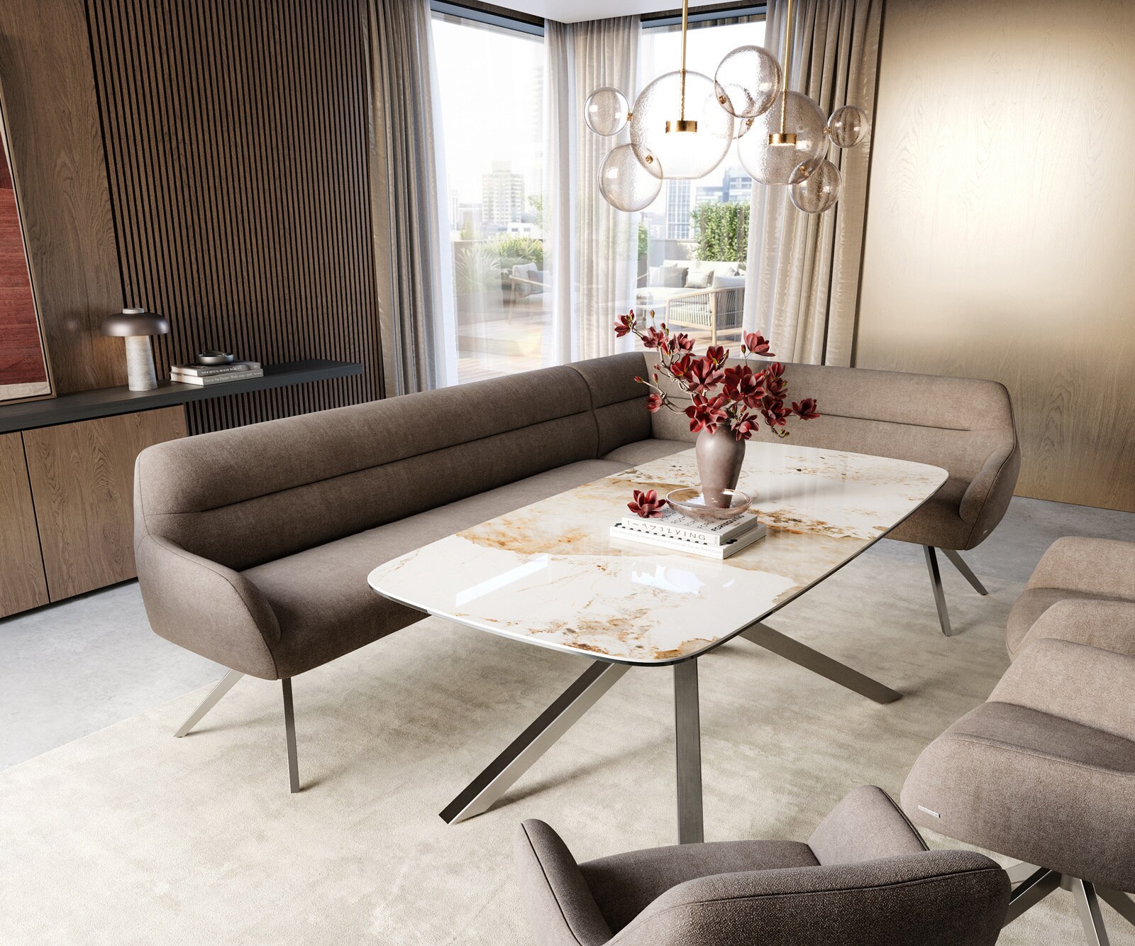 Banc-de-salle-à-manger Taya-Flex 285x190 cm tissu structuré doux taupe pied croisé angulaire acier inoxydable ressort ensaché liens 1