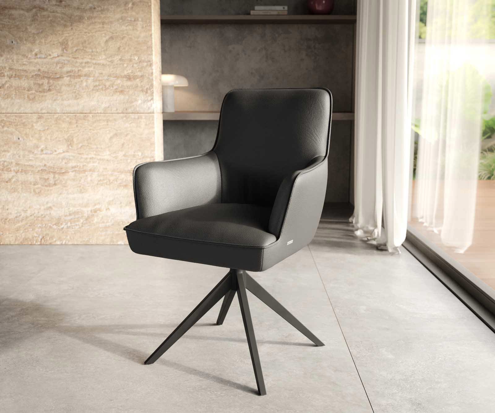 Chaise-pivotante Heira-Flex avec accoudoirs cuir de vache noir pied croisé large noir pivotement sur 360° ressorts ensachés Chaise-pivotante Heira-Flex avec accoudoirs cuir de vache noir pied croisé large noir pivotement sur 360° ressorts ensachés