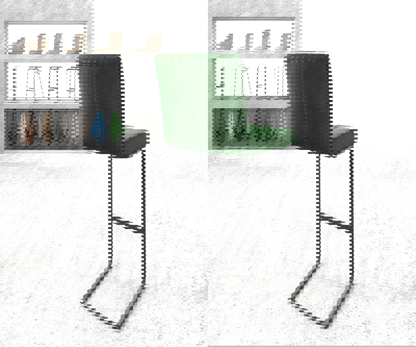 Chaise-de-bar Luiga-Flex velours vert chaise cantilever métal plat 2 Chaise-de-bar Luiga-Flex velours vert chaise cantilever métal plat 2