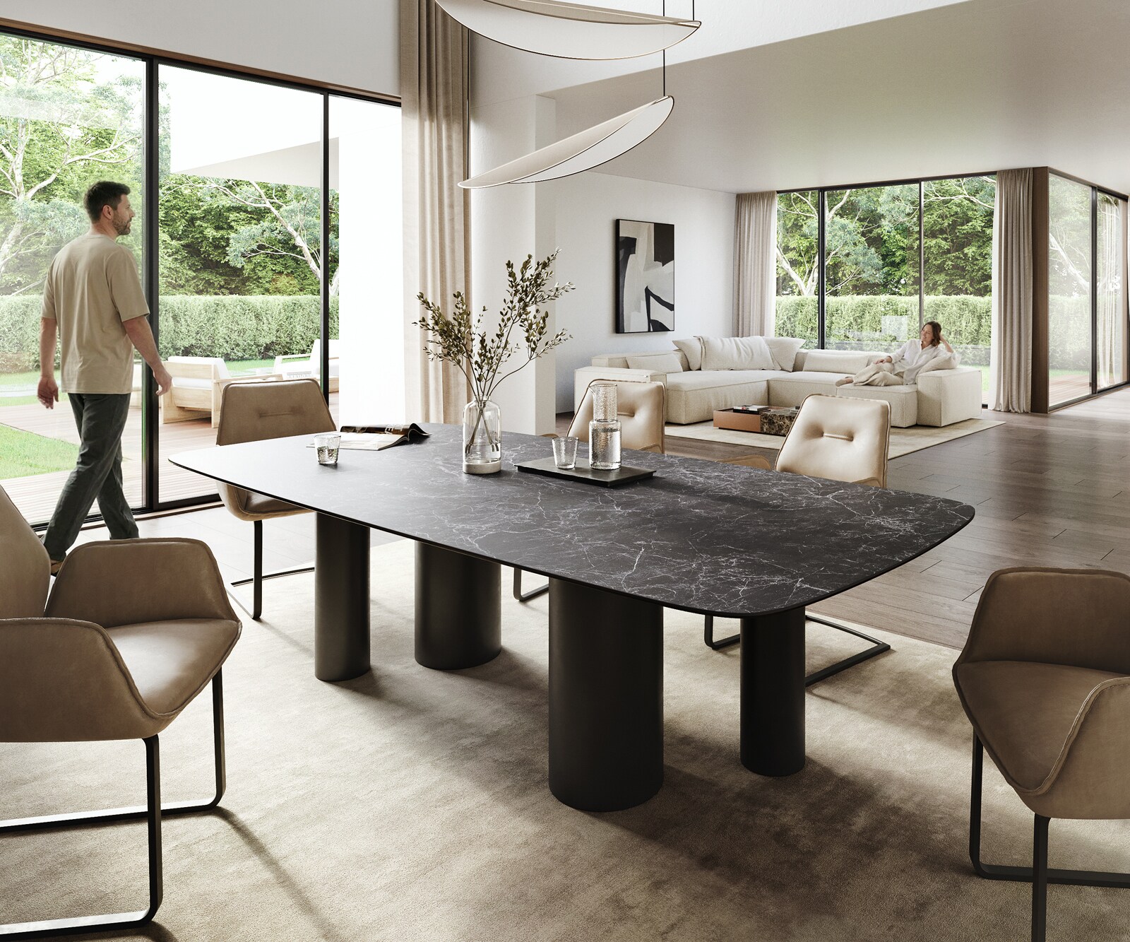 Table à manger Edge Boot 260x120 cm Céramique Laminam® Nero Greco Anthracite Pilier Métal Noir 1