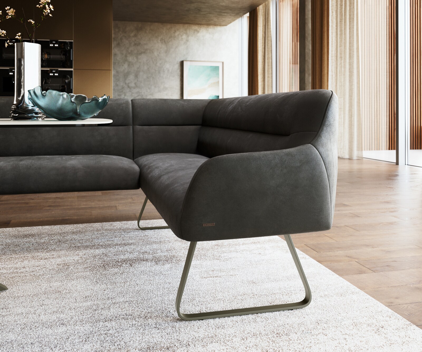 Banc-de-salle-à-manger Taya-Flex 285x190 cm microfibre antracite vintage châssis à patins plat titane ressort ensaché liens 5