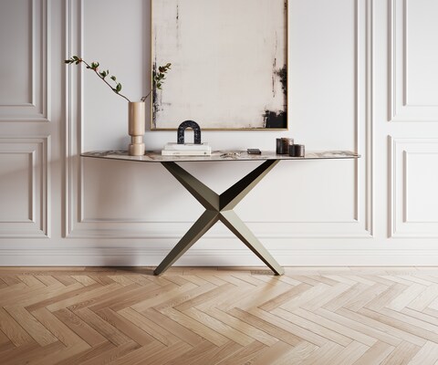 Console Edge Polygonal 180x50 cm Céramique Patagonia Poliert Zentharo Métal Effektfinish Titan