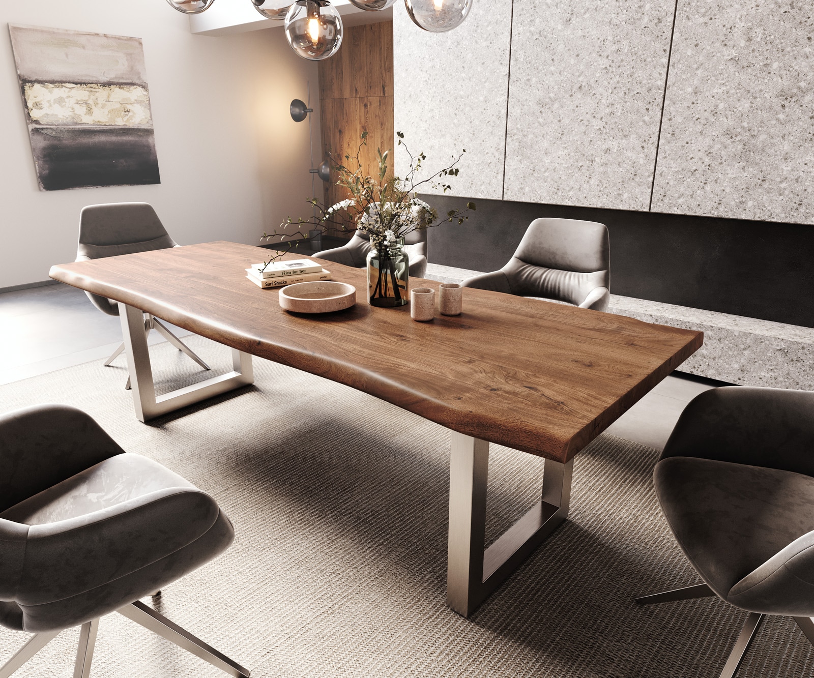 Table-à-manger Edge 260x100 XL acacia marron acier inoxydable large Live-Edge