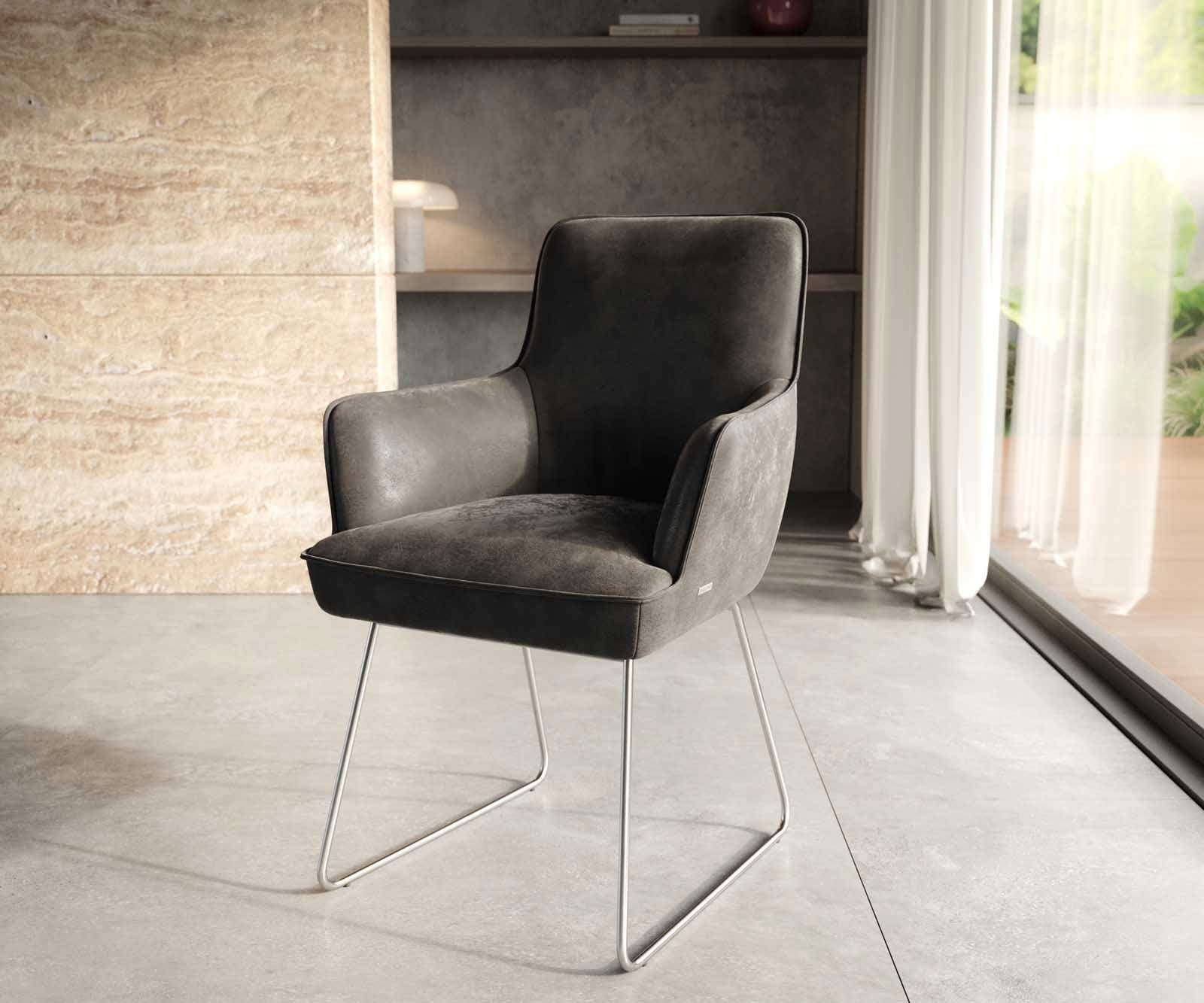 Chaise-de-salle-à-manger Heira-Flex avec accoudoirs microvelours anthracite vintage pied trapèze acier inoxydable brossé ressorts ensachés Chaise-de-salle-à-manger Heira-Flex avec accoudoirs microvelours anthracite vintage pied trapèze acier inoxydable brossé ressorts ensachés