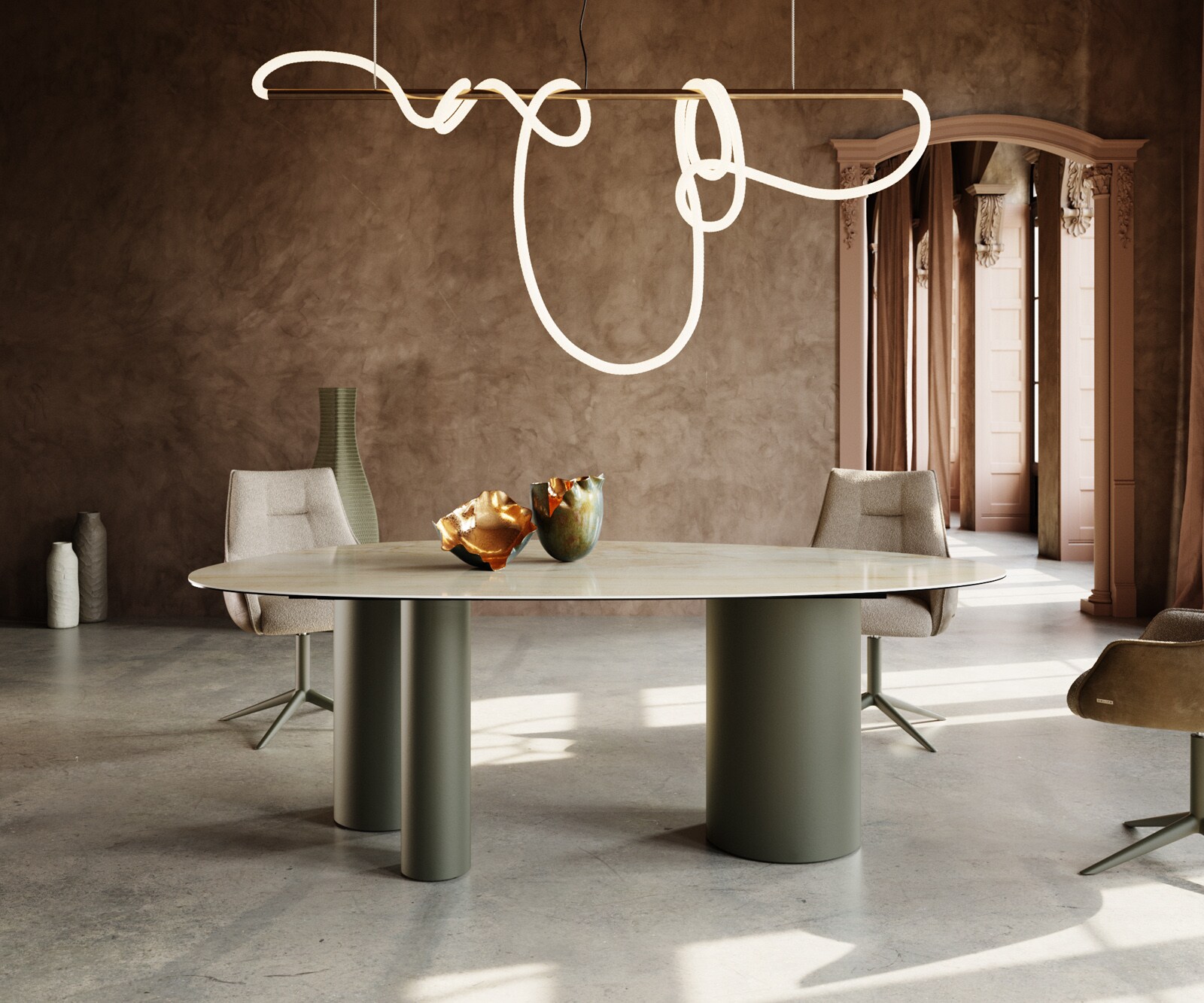 Table à manger Edge ovalee 220x120 céramique Iris FMG Onice Oro Troa métal effet finition titanee 2