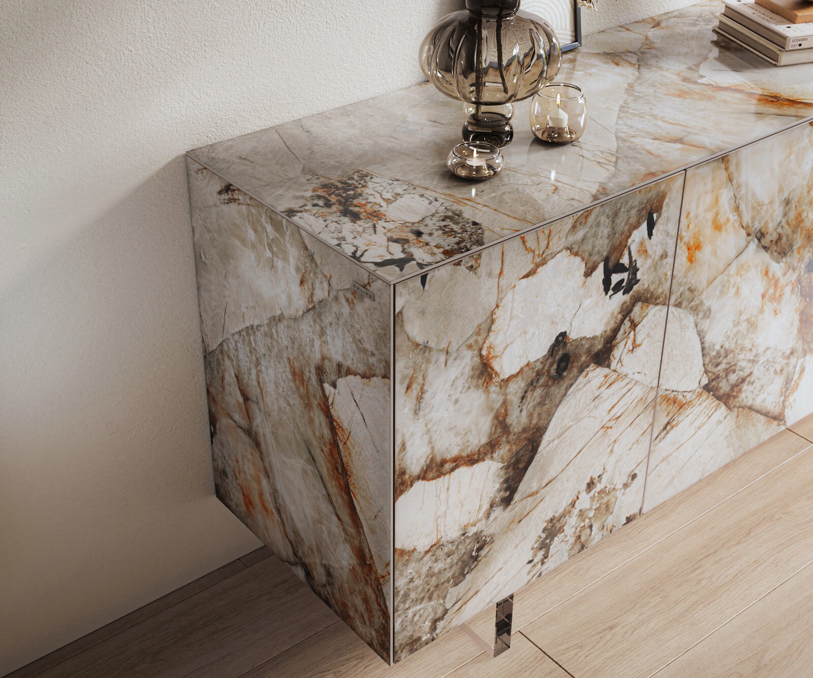 Buffet Cuor 150 cm Céramique Patagonia raffinée 3 Portes Pied optique flottant Verre acrylique 6