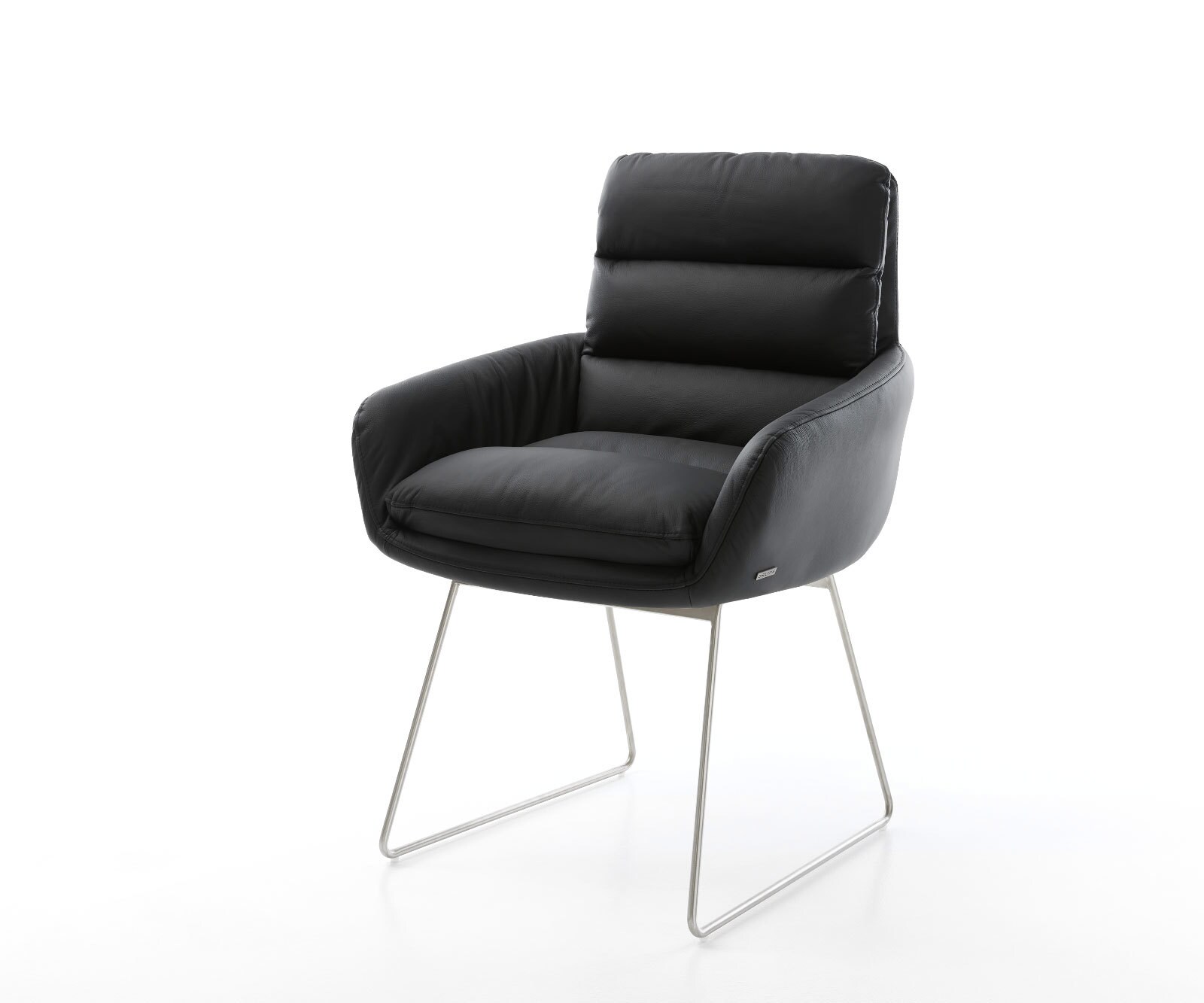 Chaise-de-salle-à-manger Abelia-Flex avec accoudoirs cuir de vache noir pied trapèze acier inoxydable brossé