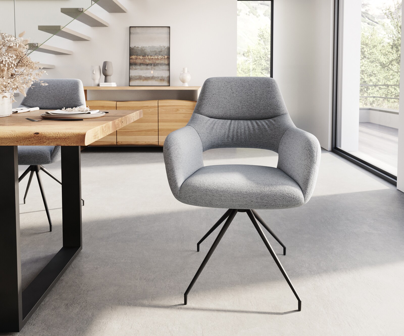 Chaise-de-salle-à-manger Yago-Flex avec accoudoirs tissu texturé gris clair pied croisé conique noir ressorts ensachés 1 Chaise-de-salle-à-manger Yago-Flex avec accoudoirs tissu texturé gris clair pied croisé conique noir ressorts ensachés 1