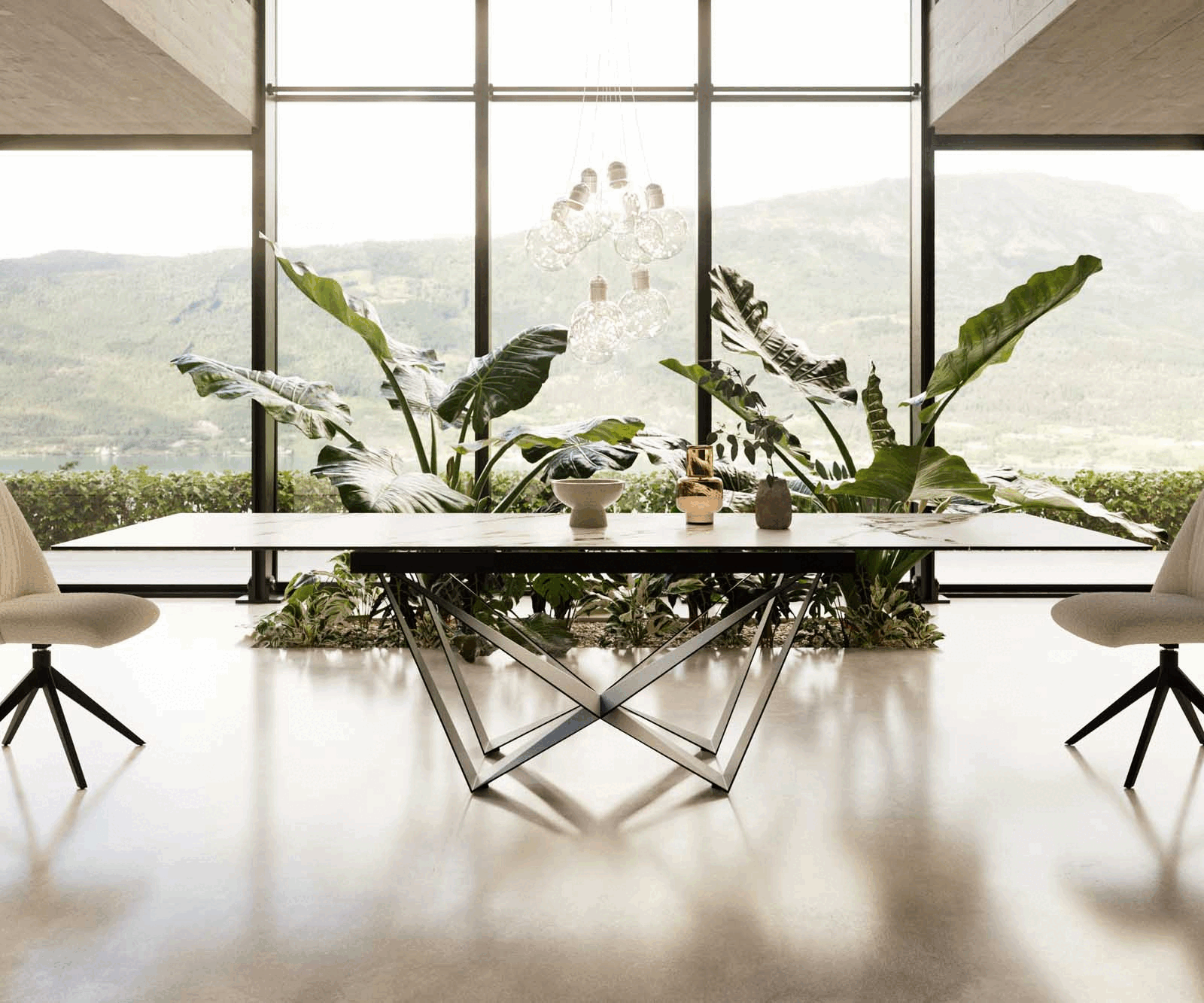 Table à manger Edge 200-300x100 céramique Calacatta Luxe blanc-doré-gris Spider acier plat noir extensible 1