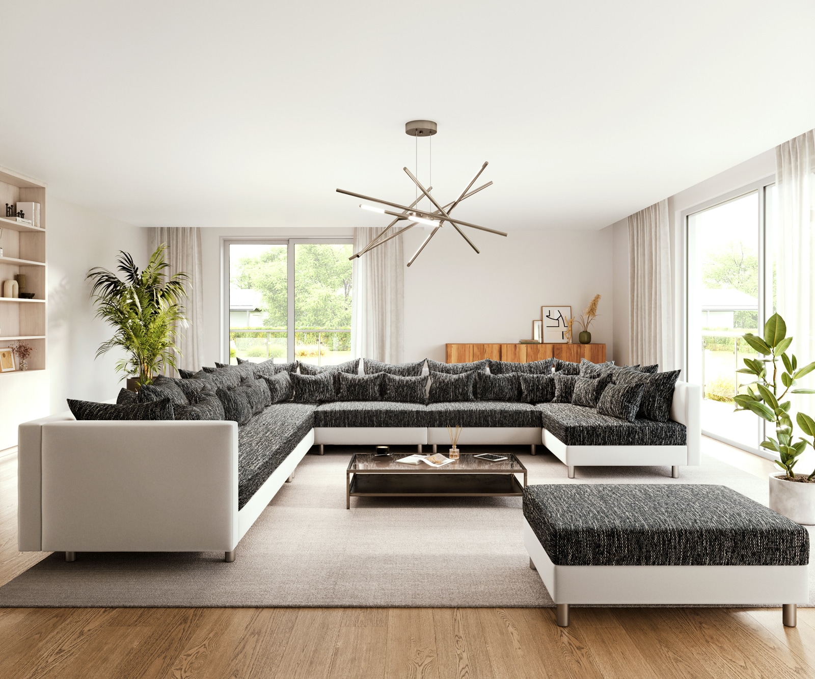 Canapé panoramique Clovis XXL Blanc Noir avec tabouret Pouf gauche 2 Canapé panoramique Clovis XXL Blanc Noir avec tabouret Pouf gauche 2