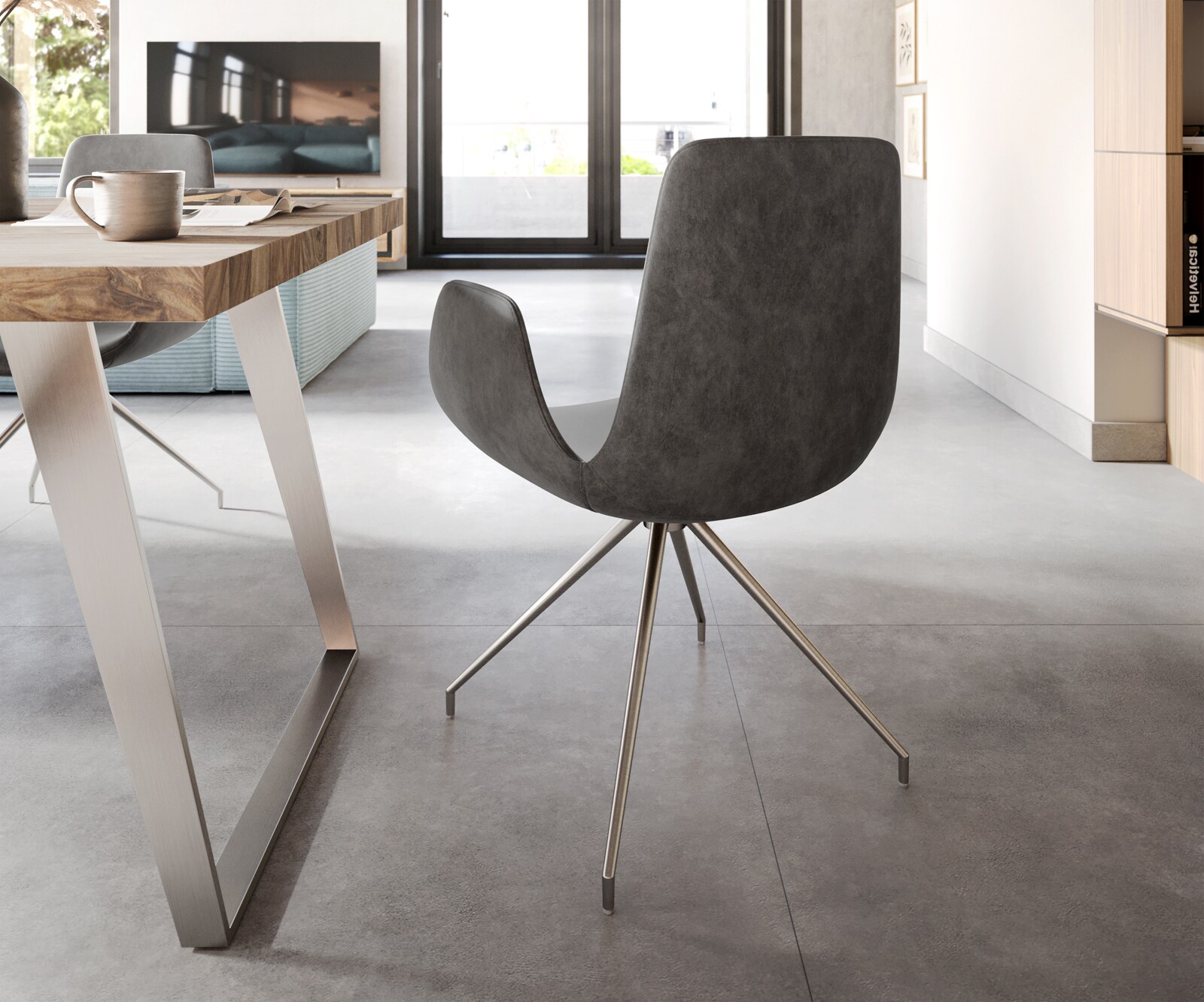 Chaise-de-salle-à-manger Ilia-Flex avec accoudoirs microvelours anthracite vintage pied croisé conique acier inoxydable brossé 4