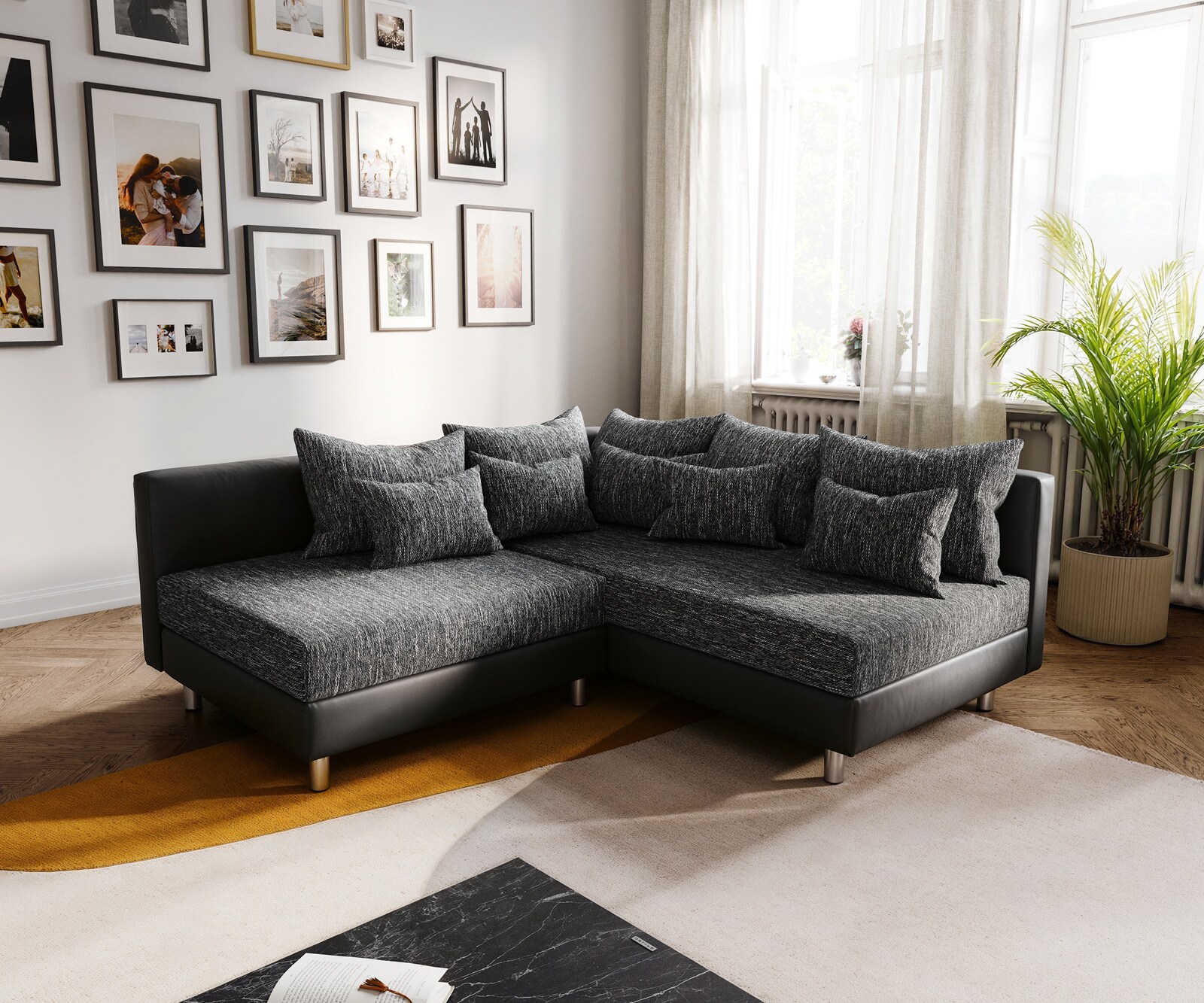 Canapé-d'angle Clovis noir ottoman droit canapé modulaire extensible