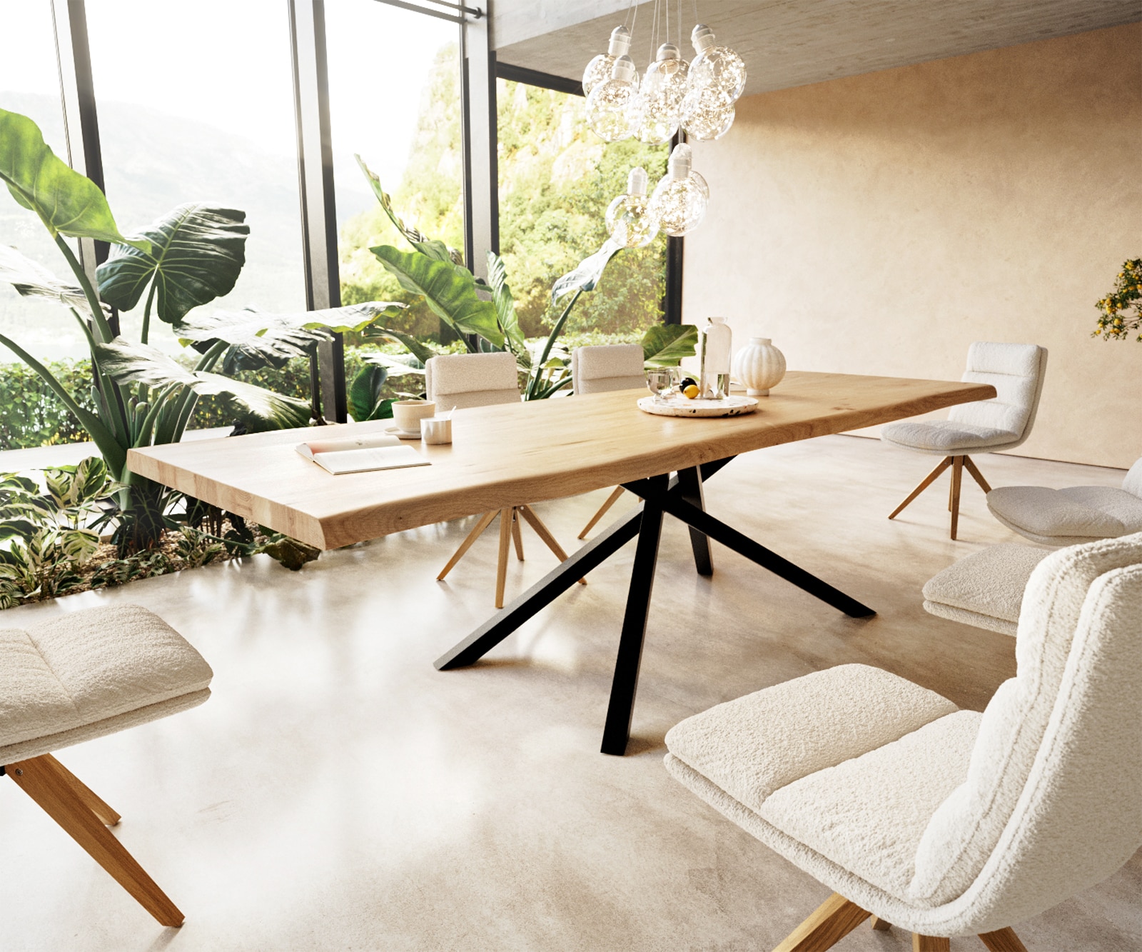 Table à manger Edge 300x100 chêne nature cadre croisé rectangle noir Live-Edge Table à manger Edge 300x100 chêne nature cadre croisé rectangle noir Live-Edge