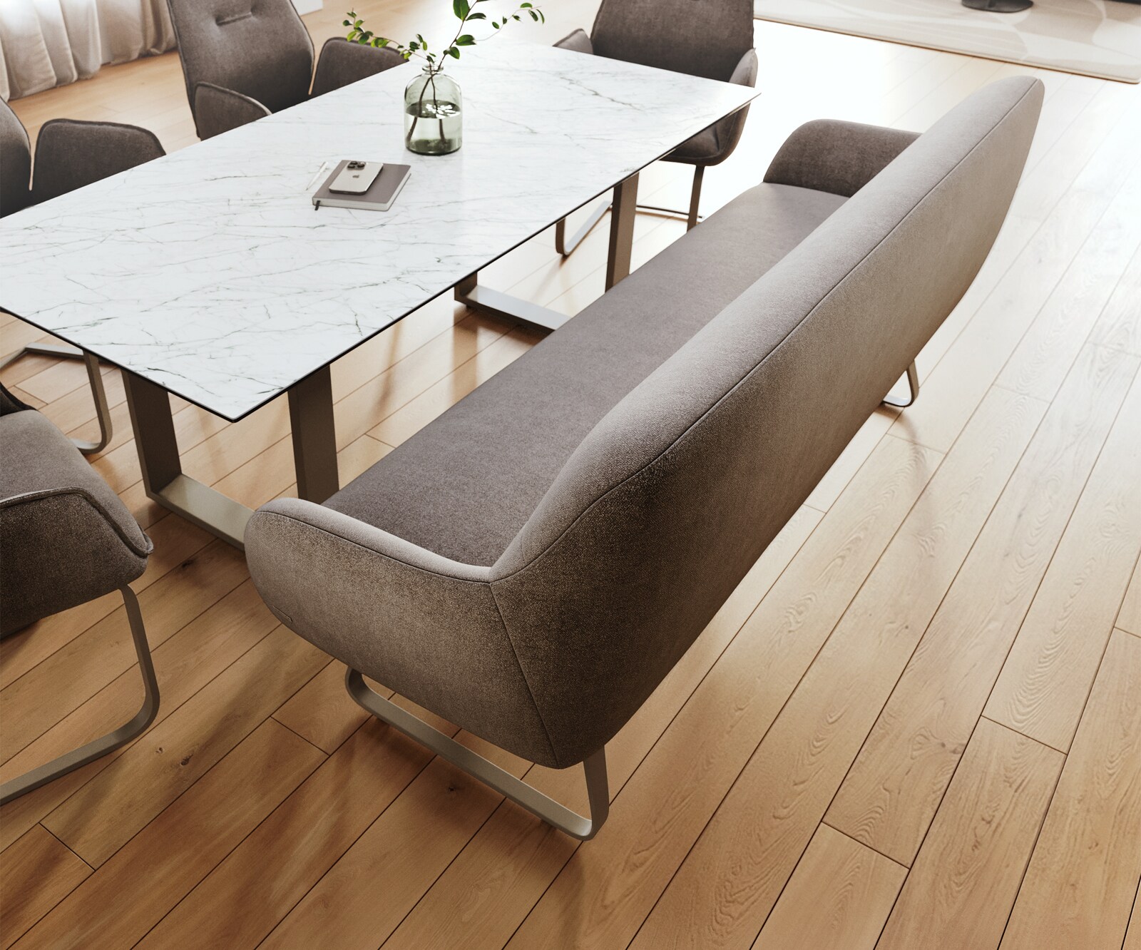 Banc-de-salle-à-manger Taya-Flex 200 cm tissu structuré doux taupe châssis à patins plat titane ressort ensaché 3