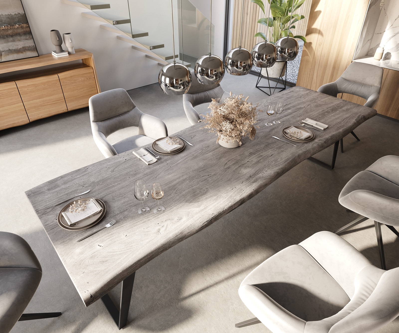 Table-à-manger Edge 300x100 XL acacia platine métal incliné Live-Edge 3 Table-à-manger Edge 300x100 XL acacia platine métal incliné Live-Edge 3