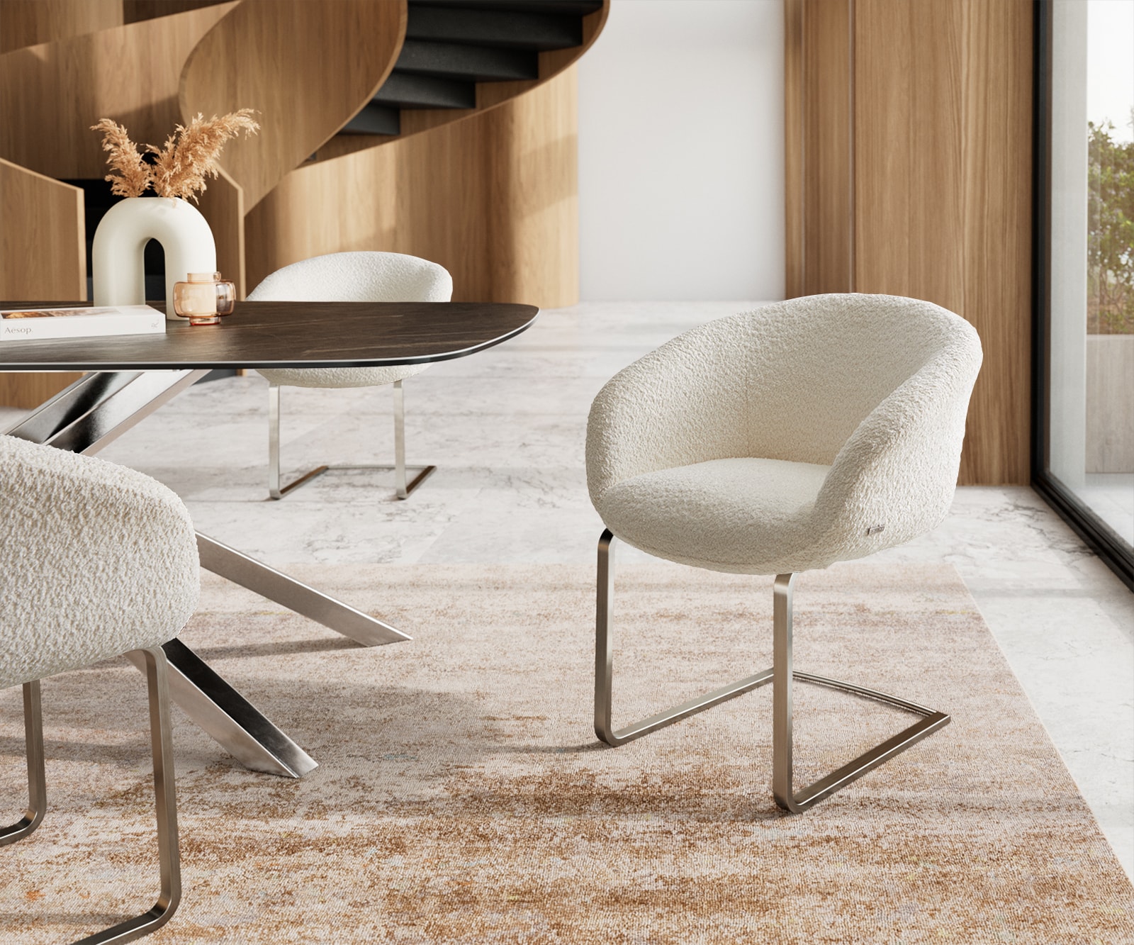 Cantilever Vinka-Flex avec accoudoirs bouclé blanc pied cantilever plat acier inoxydable brossé ressorts ensachés Cantilever Vinka-Flex avec accoudoirs bouclé blanc pied cantilever plat acier inoxydable brossé ressorts ensachés