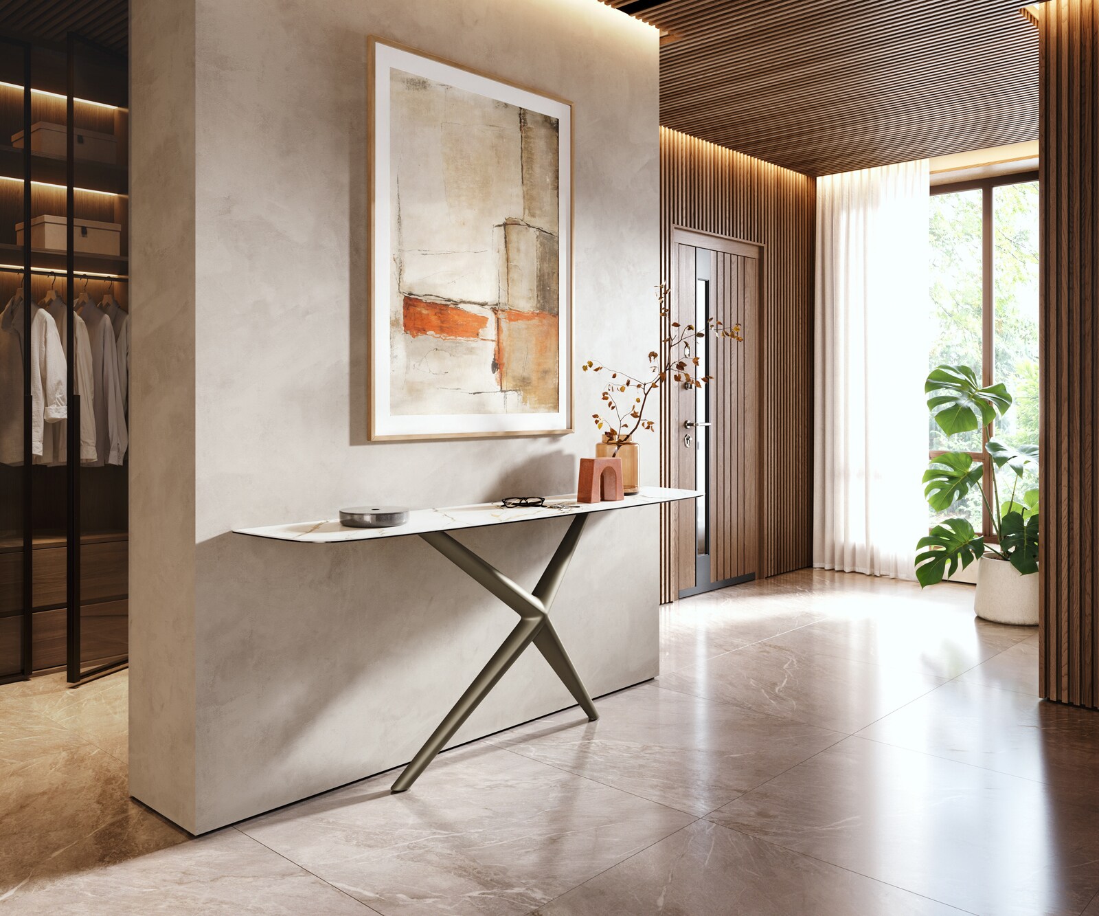 Console Edge forme bateau 180x40 cm Céramique Calacatta Luxe Weiß-Gold-Gris Estelo Métal Effektfinish Titan 6