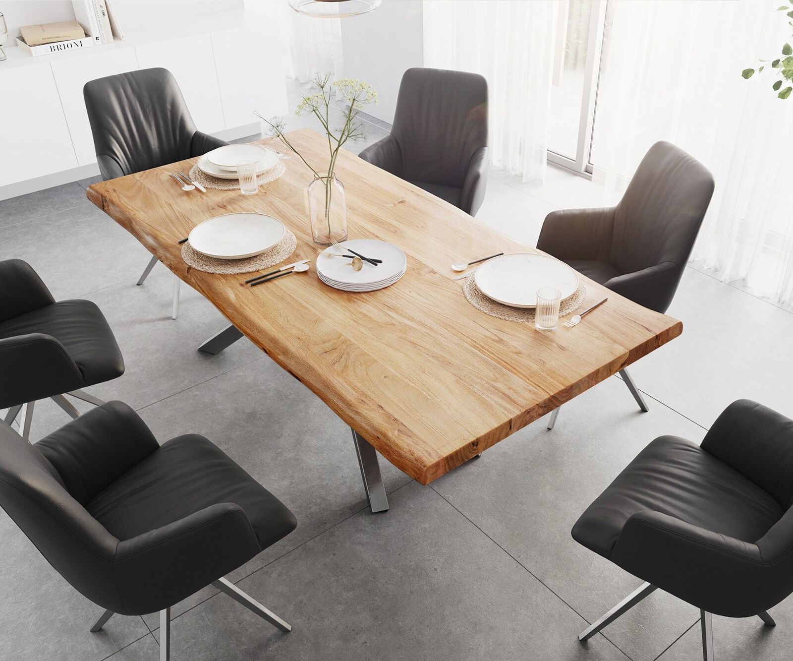Table à manger Edge 200x100 XL Acacia Naturel cadre croisé Rectangle Acier inoxydable Live-Edge 3