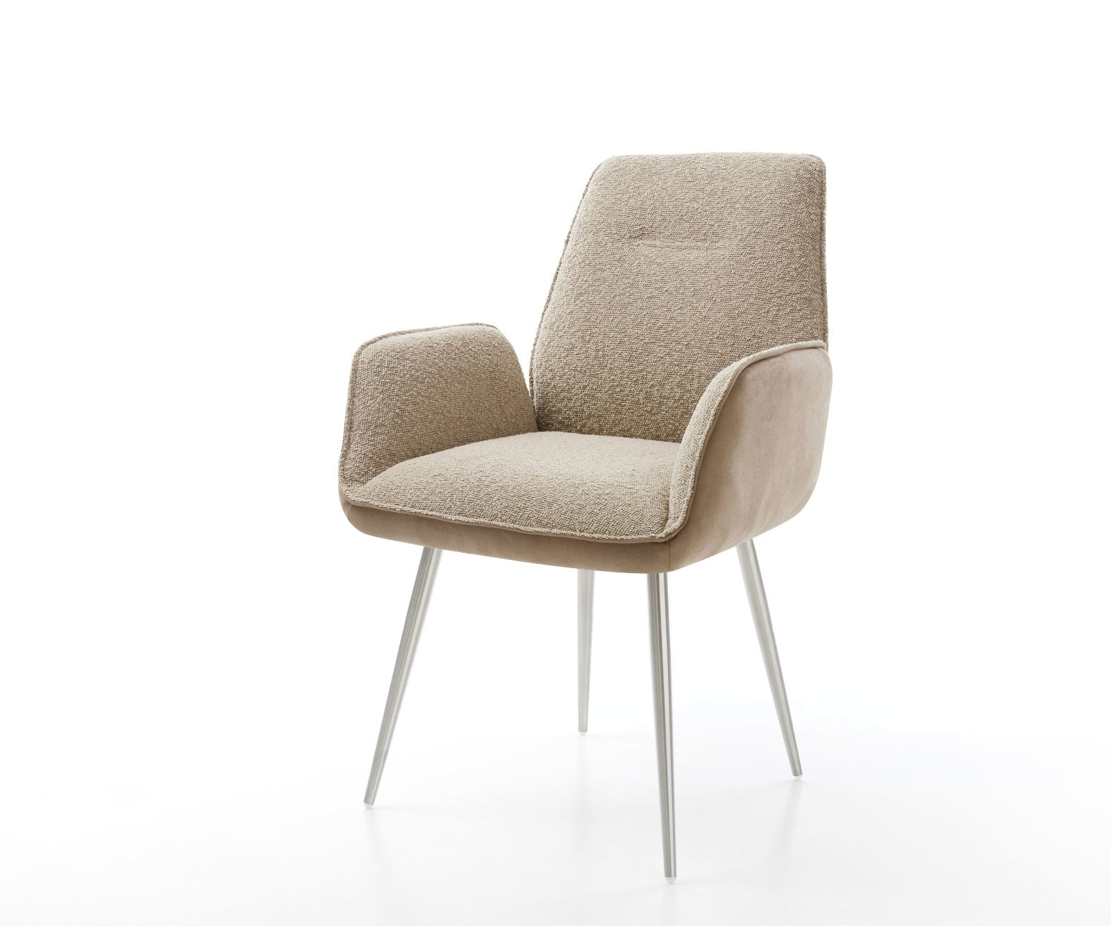 Chaise-de-salle-à-manger Zoa-Flex tissu mixte couleur boue 4 pieds coniques acier inoxydable brossé ressorts ensachés Chaise-de-salle-à-manger Zoa-Flex tissu mixte couleur boue 4 pieds coniques acier inoxydable brossé ressorts ensachés