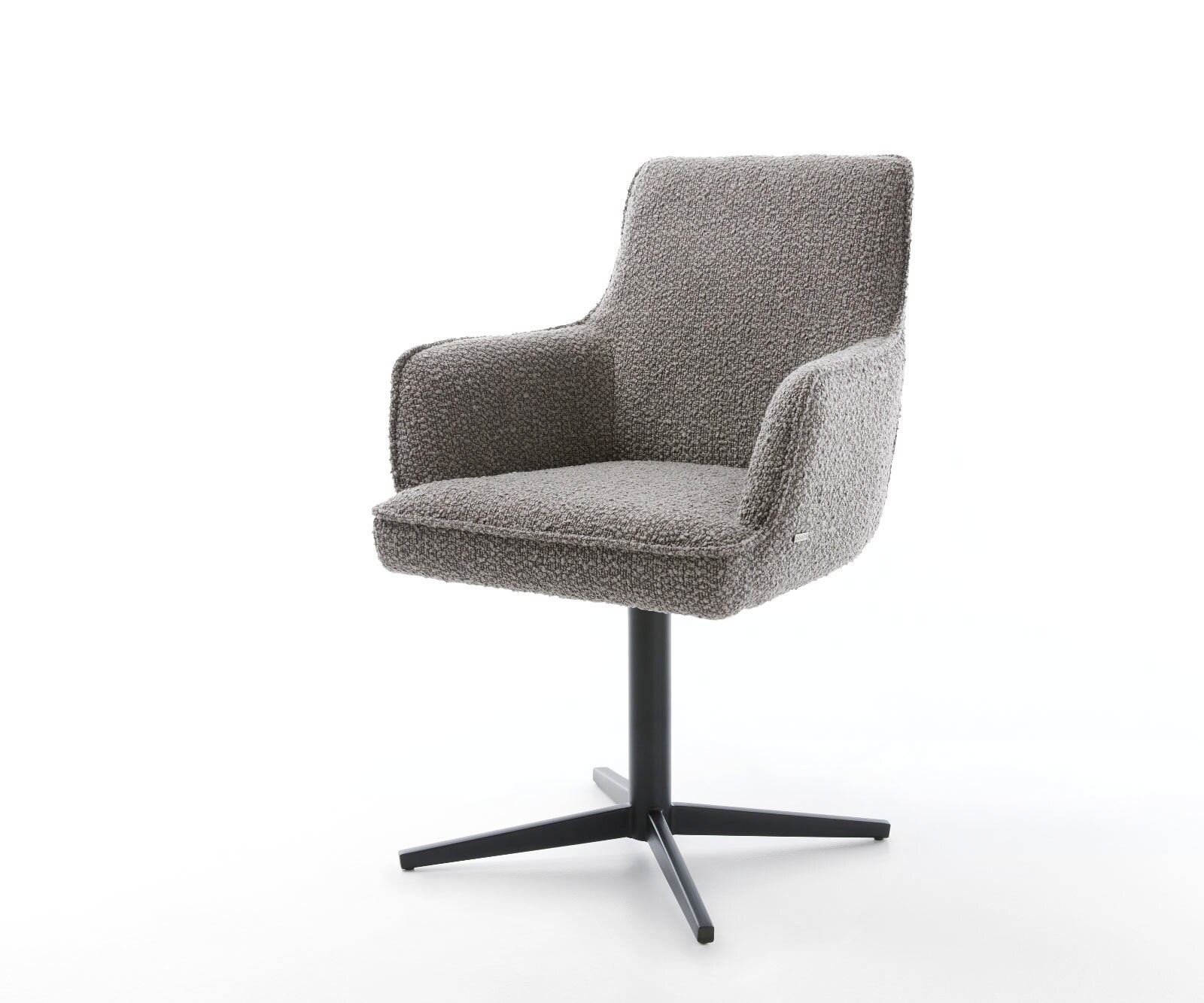 Chaise-pivotante Heira-Flex avec accoudoirs bouclé gris argenté pied de chaise 4 branches noir pivotement sur 360° ressorts ensachés