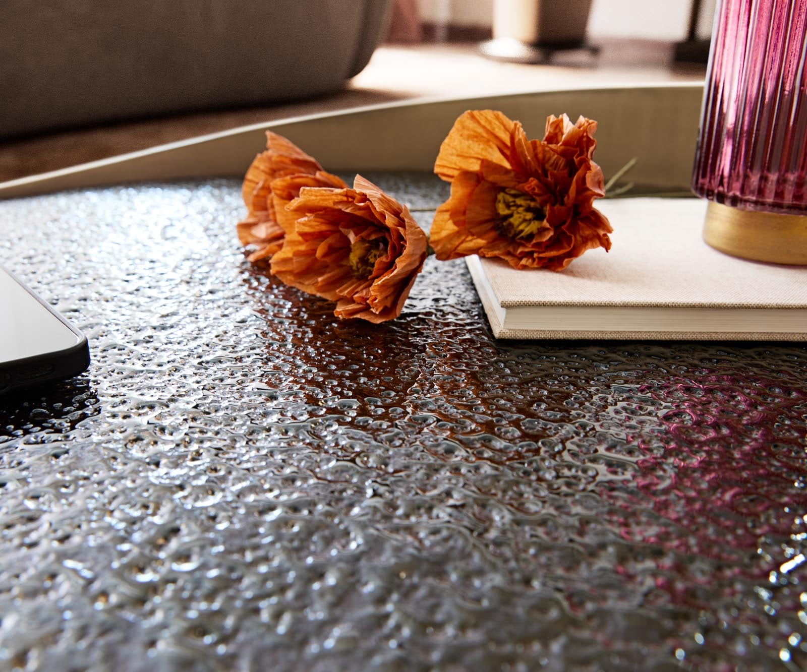 Table basse Blaise 100x100 cm or avec verre en relief taupe 5