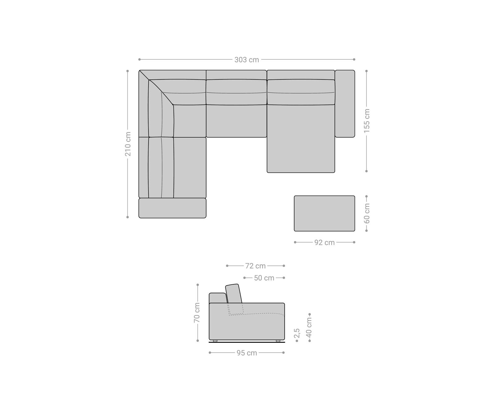 Grand canapé d’angle Lanzo 300x210 cm similicuir vintage anthracite 300x210 cm méridienne réversible avec pouf 6