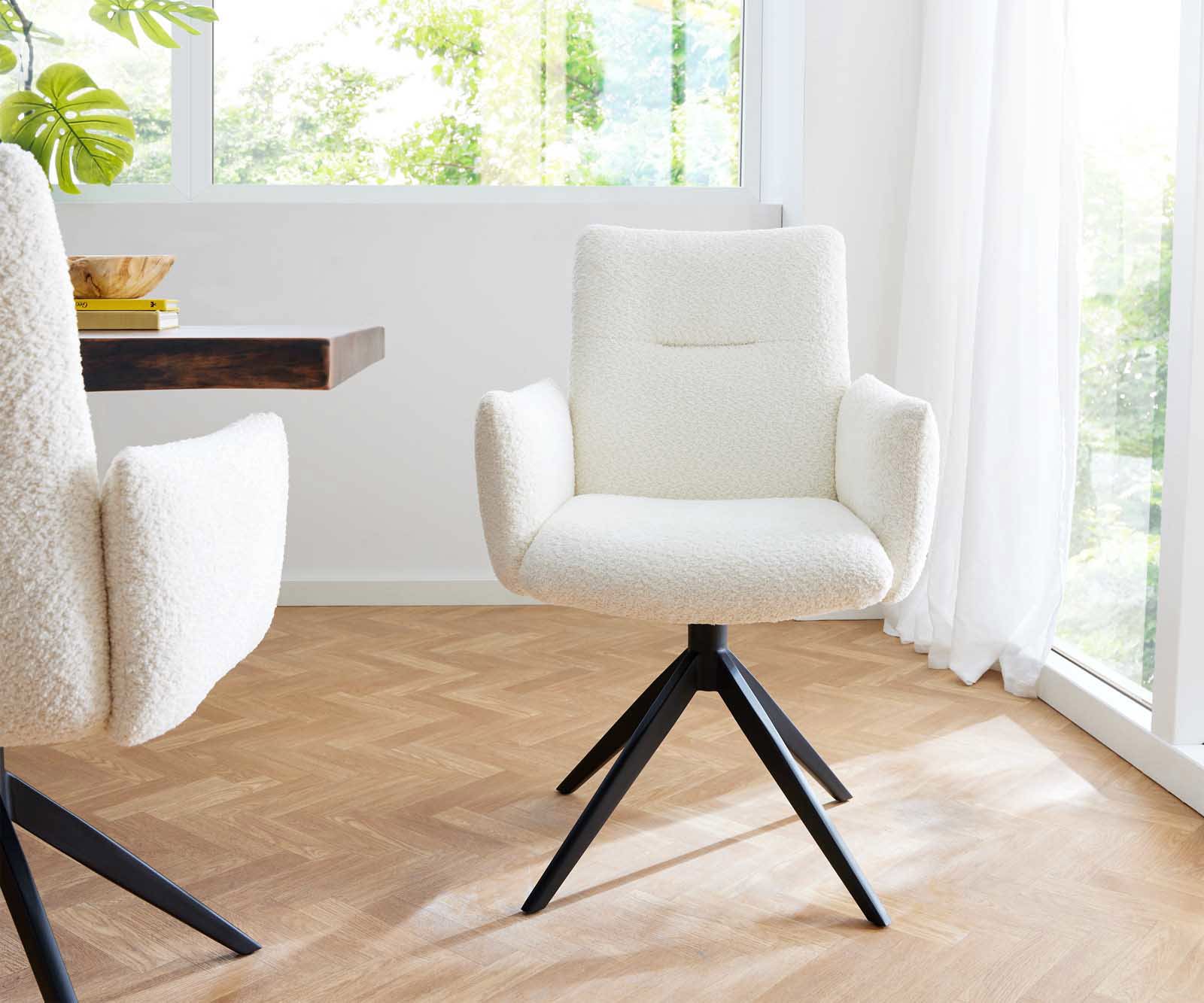 Chaise-pivotante Jova-Flex avec accoudoirs bouclé blanc pied croisé large noir pivotement sur 360° ressorts ensachés 1 Chaise-pivotante Jova-Flex avec accoudoirs bouclé blanc pied croisé large noir pivotement sur 360° ressorts ensachés 1