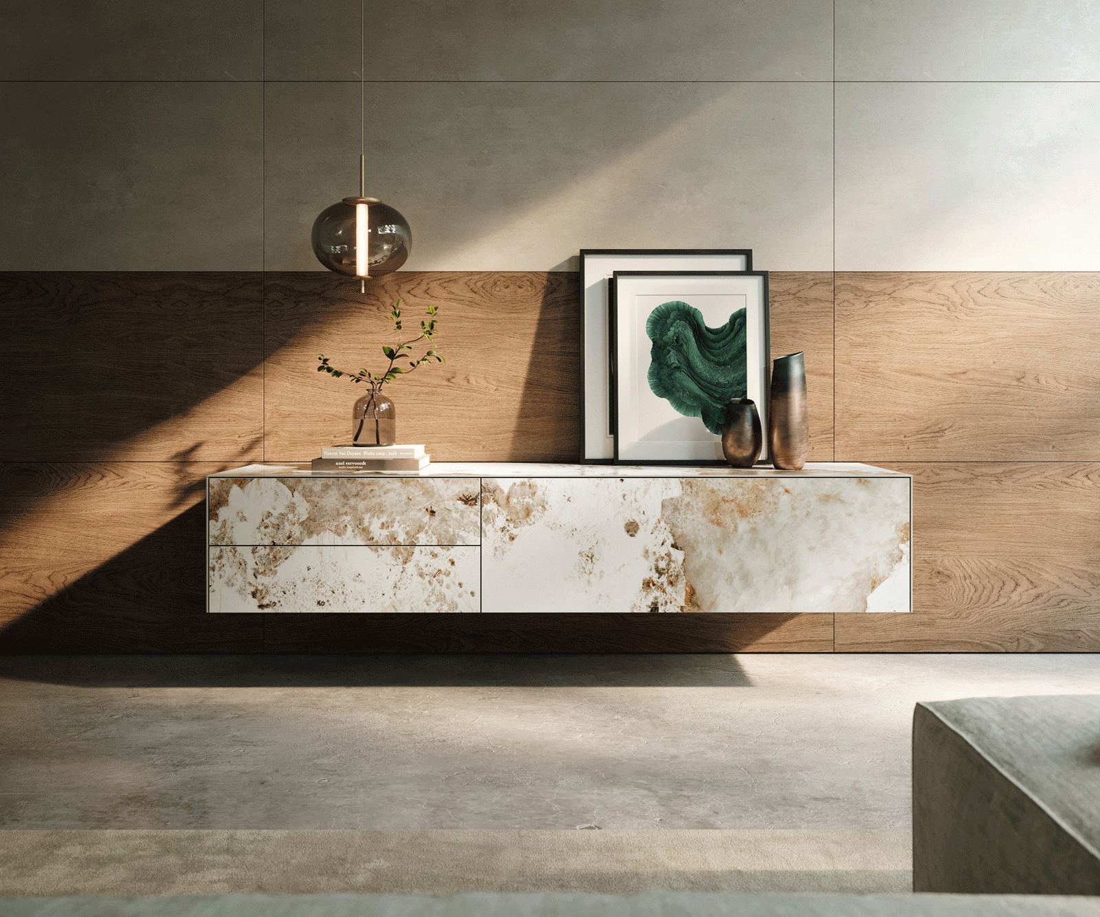 Meuble-TV Cuor 180 cm Céramique Minas Melange Blanc-beige 1 Clapet 2 Tiroirs Flottant 2