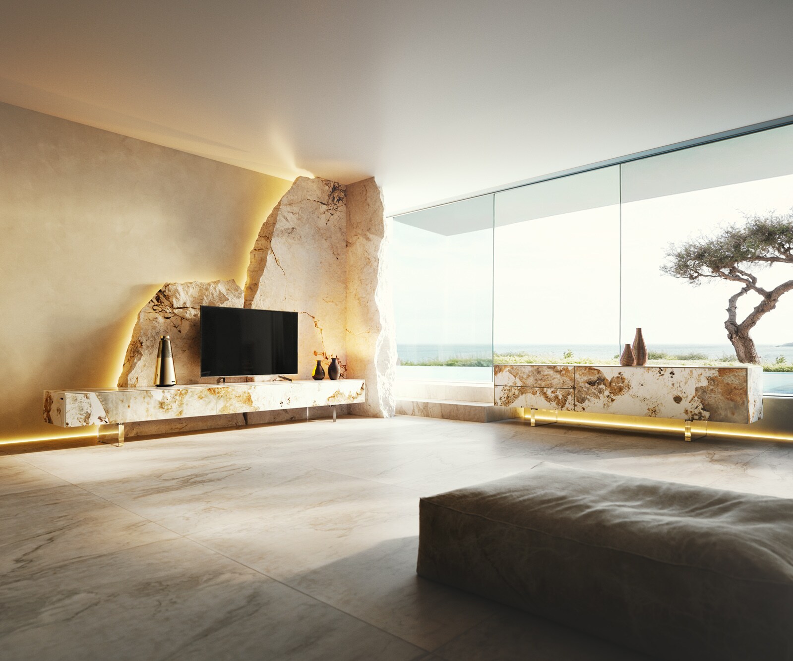 Meuble-TV Cuor 150 cm Céramique Minas Melange Blanc-beige 1 Clapet 1 Tiroir Pied optique flottant Ancier inoxydable 8