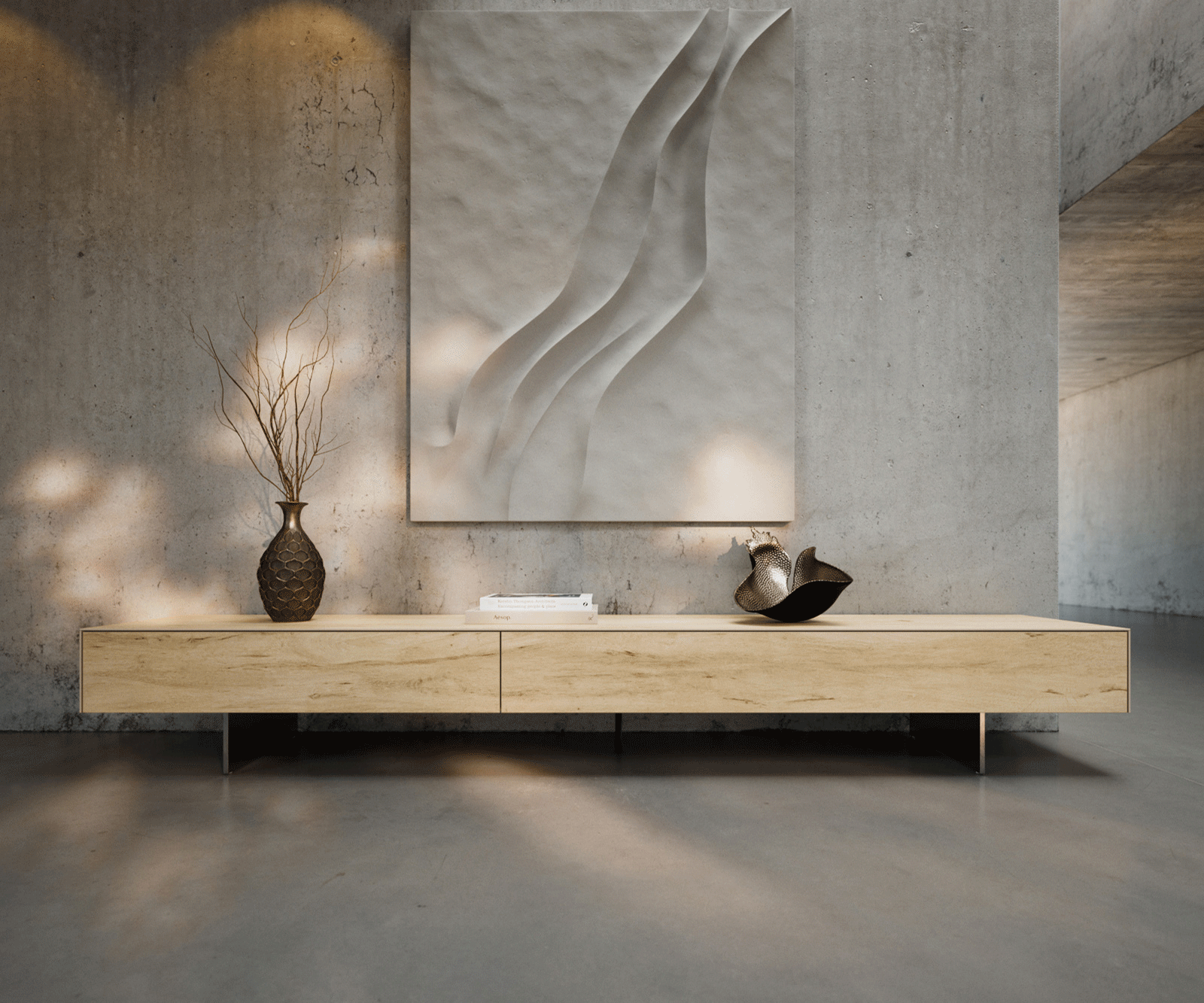 Meuble-TV Cuor 250 cm Céramique Laminam® Sabbia Teinte chêne 1 Clapet 1 Tiroir Pied optique flottant Ancier inoxydable 3