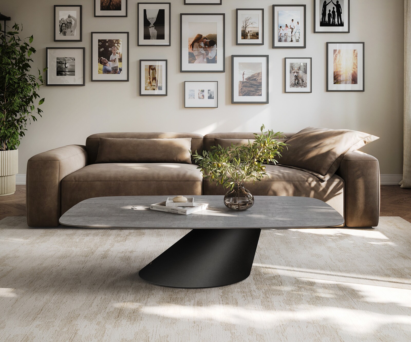 Table basse Edge forme bateau 140x80 cm céramique béton gris Conis métal noir 2