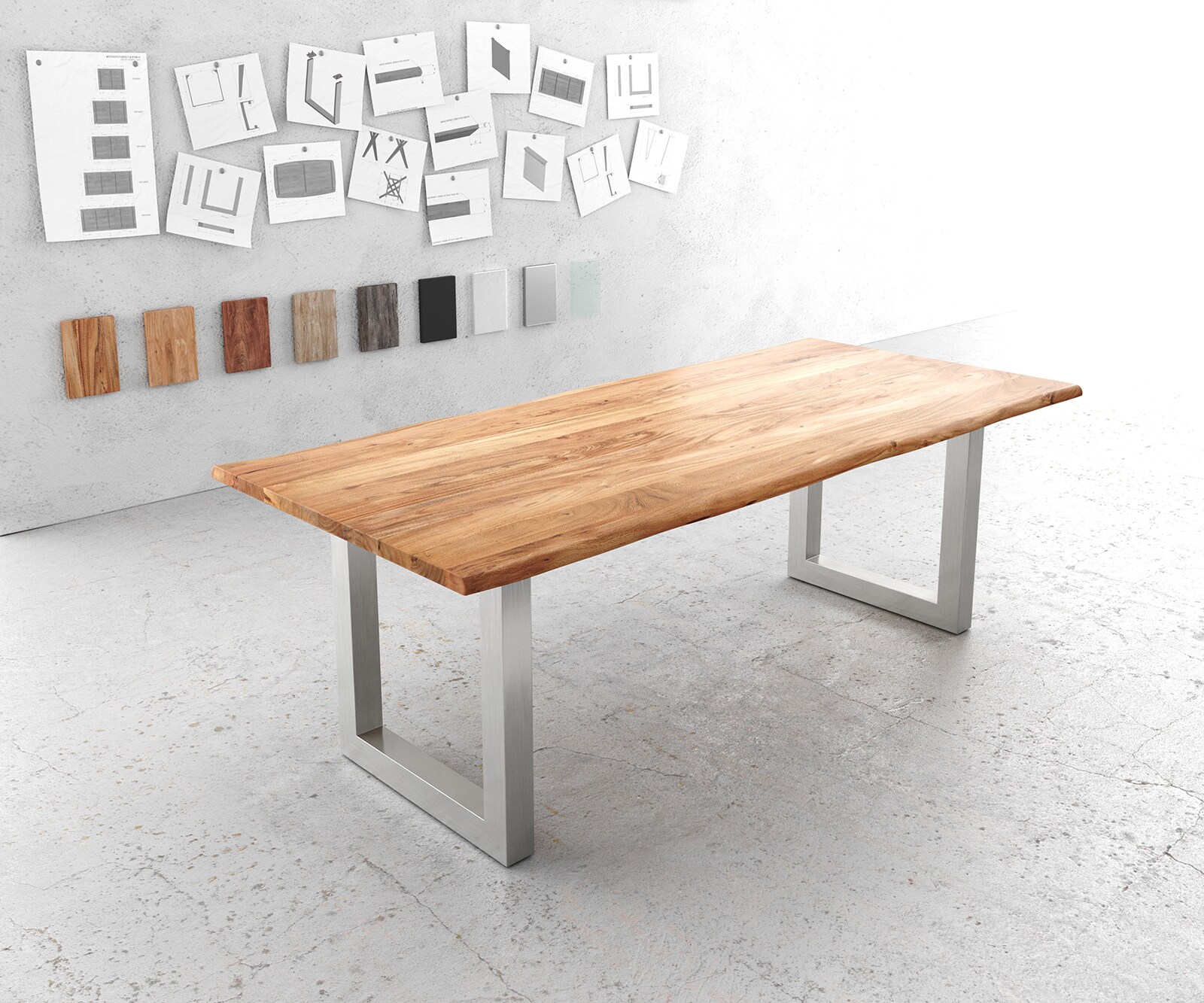 Table-à-manger Edge 220x100cm acacia nature acier inoxydable large Live-Edge 1