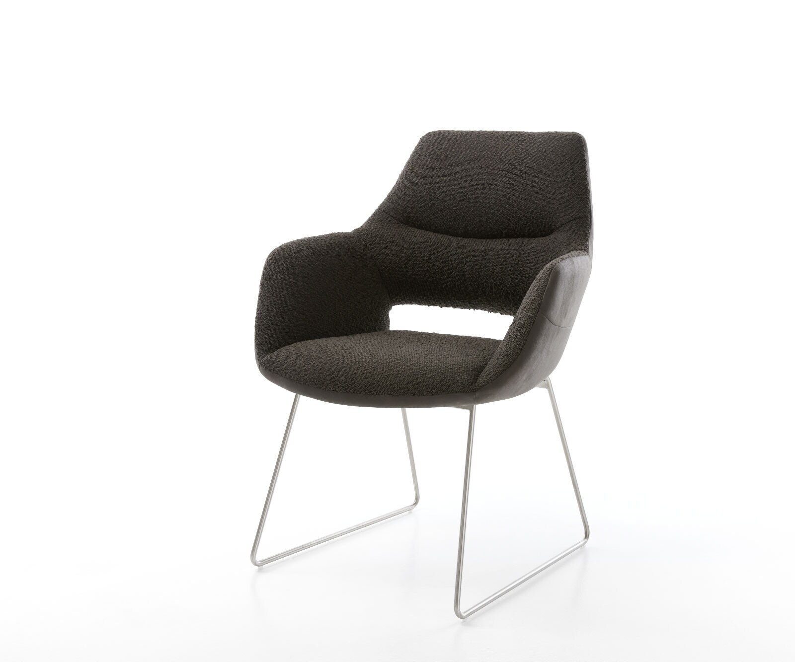 Chaise-de-salle-à-manger Yago-Flex avec accoudoirs tissu mixte noir pied trapèze acier inoxydable brossé ressorts ensachés