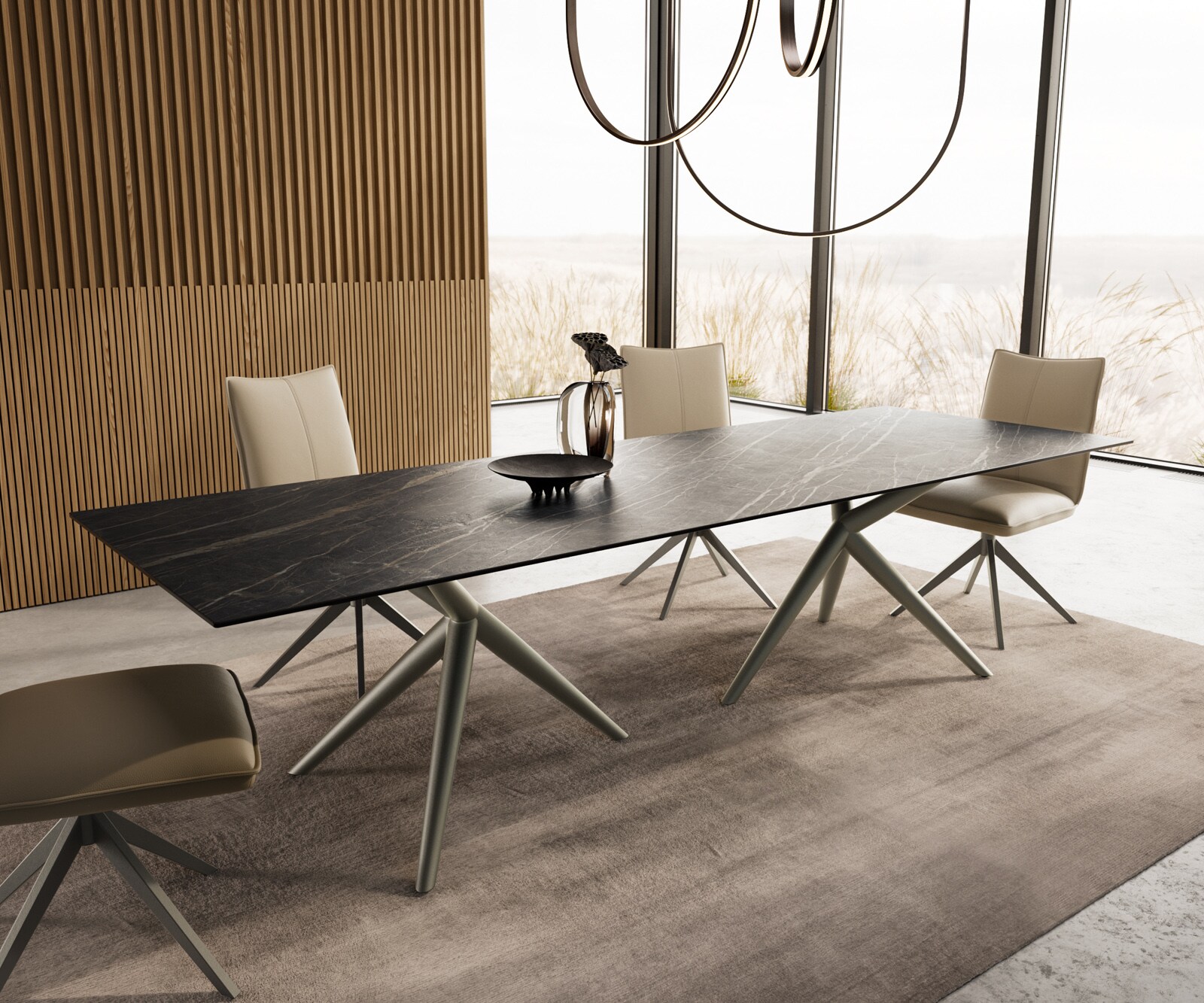 Table à manger Edge 300x100 Céramique Laminam®Noir Desir Marron Estelar rond Métal finition à effet Titane