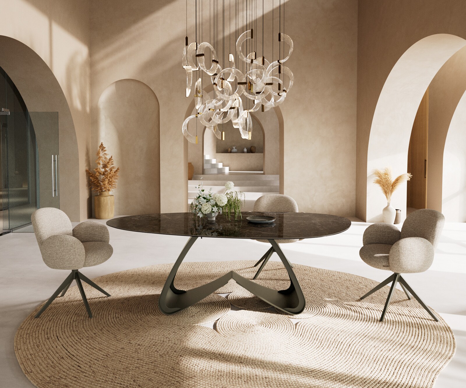 Table de salle à manger Edge Ovale Céramique Emperador Extra Lucidato Brun foncé 220x120 Piètement en W Métal finition effet Titane 4