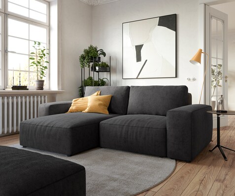 Canapé d’angle Lanzo 230x155 cm microfibre noir méridienne réversible avec pouf
