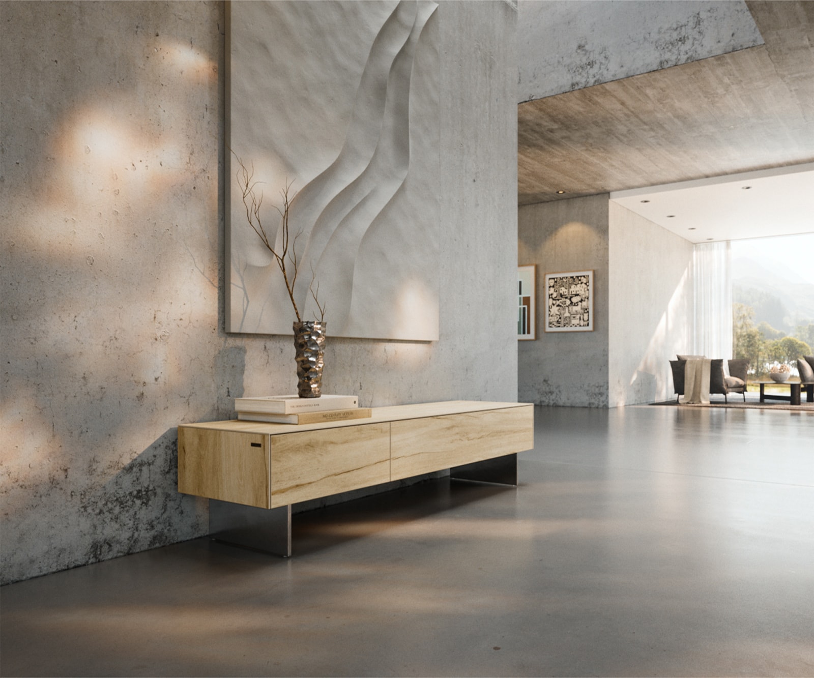 Meuble-TV Cuor 150 cm Céramique Laminam® Sabbia Teinte chêne 1 Clapet 1 Tiroir Pied optique flottant Ancier inoxydable