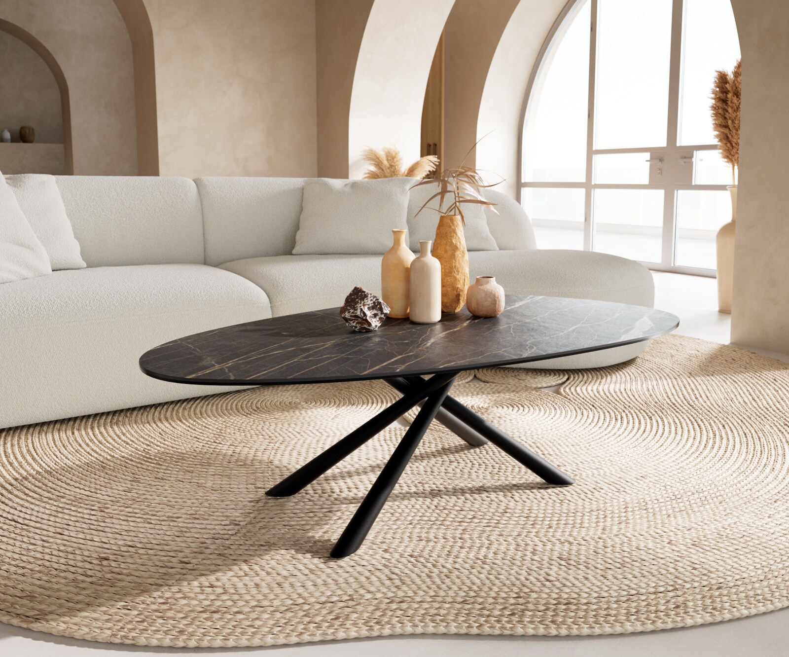 Table basse Edge Oval 140x75 cm céramique Laminam® Noir Desir brun Sarity métal noir