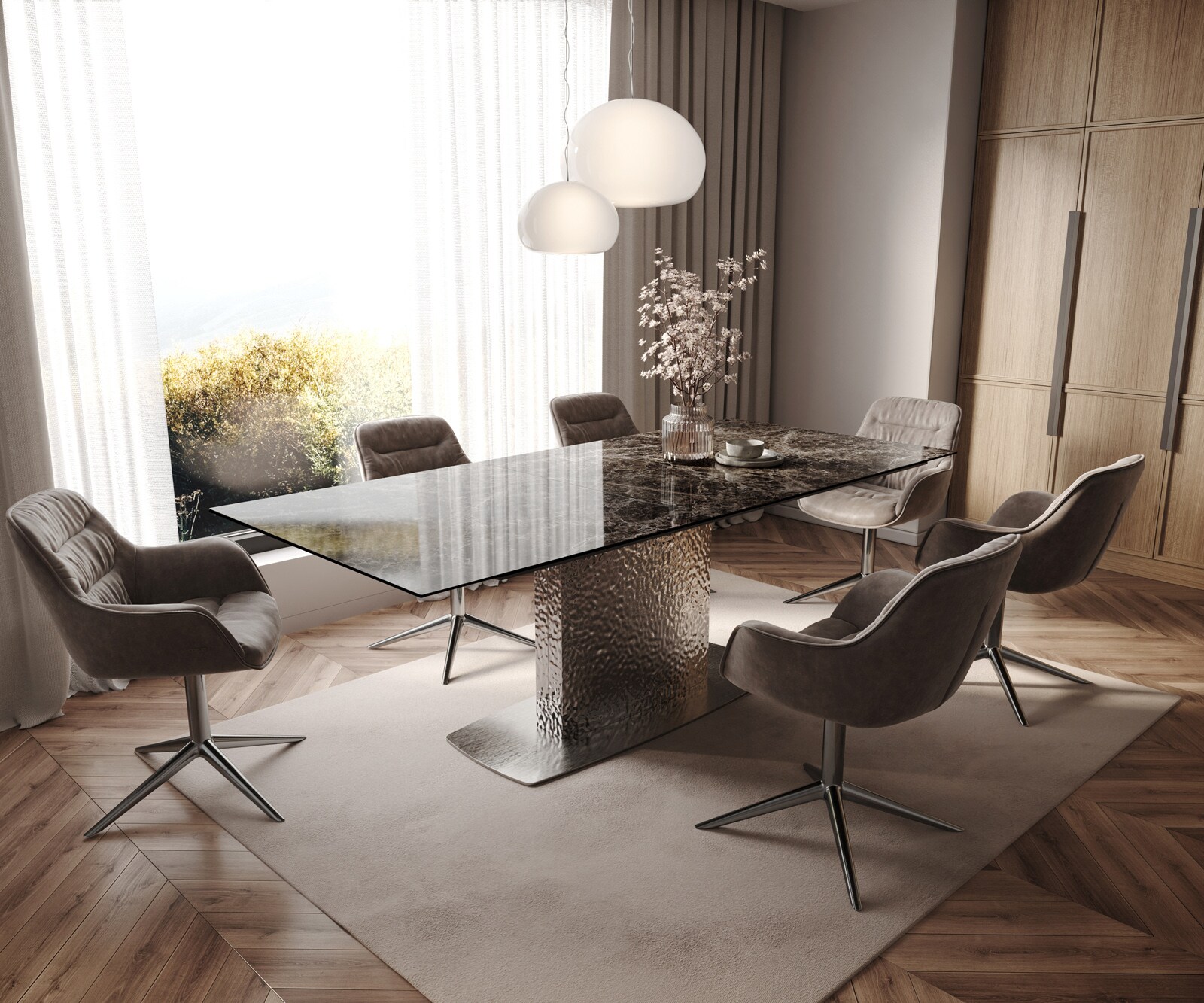 Table de salle à manger Edge Céramique Emperador Extra Lucidato Brun foncé 180-220x100 Wave Acier inoxydable extensible 7