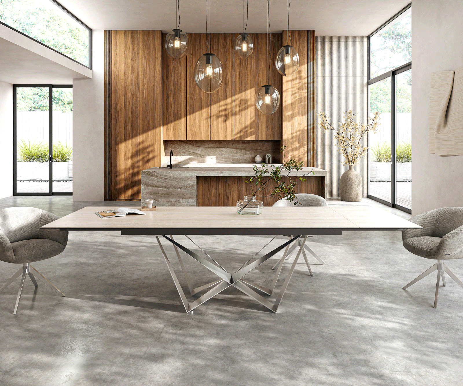 Table à manger Edge 200-300x100 céramique Laminam® Travertino Bianco crème-blanc Spider acier plat acier inoxydable extensible 1