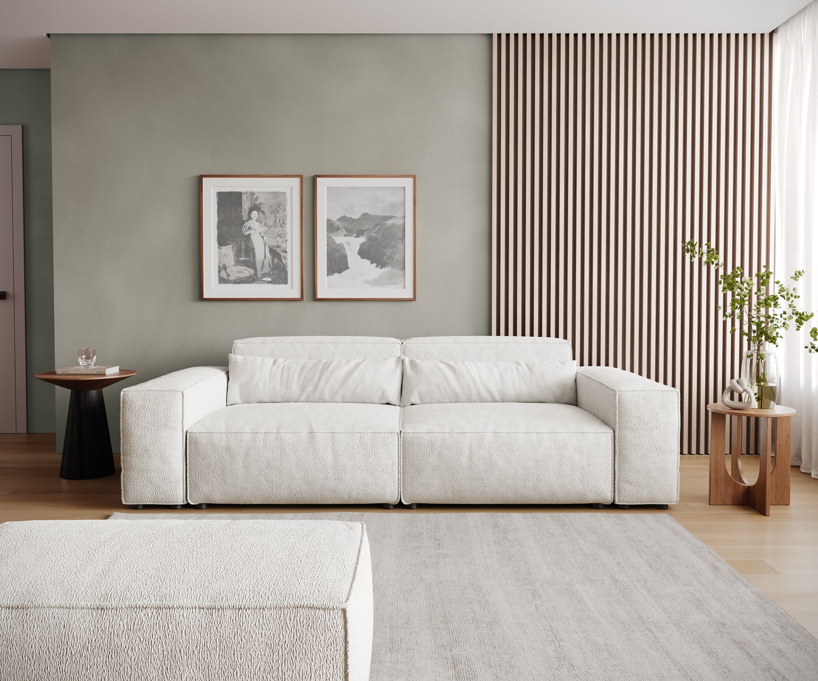 Grand Canapé Sirpio 230x95 cm Bouclee Crème-blanc avec Tabouret 2