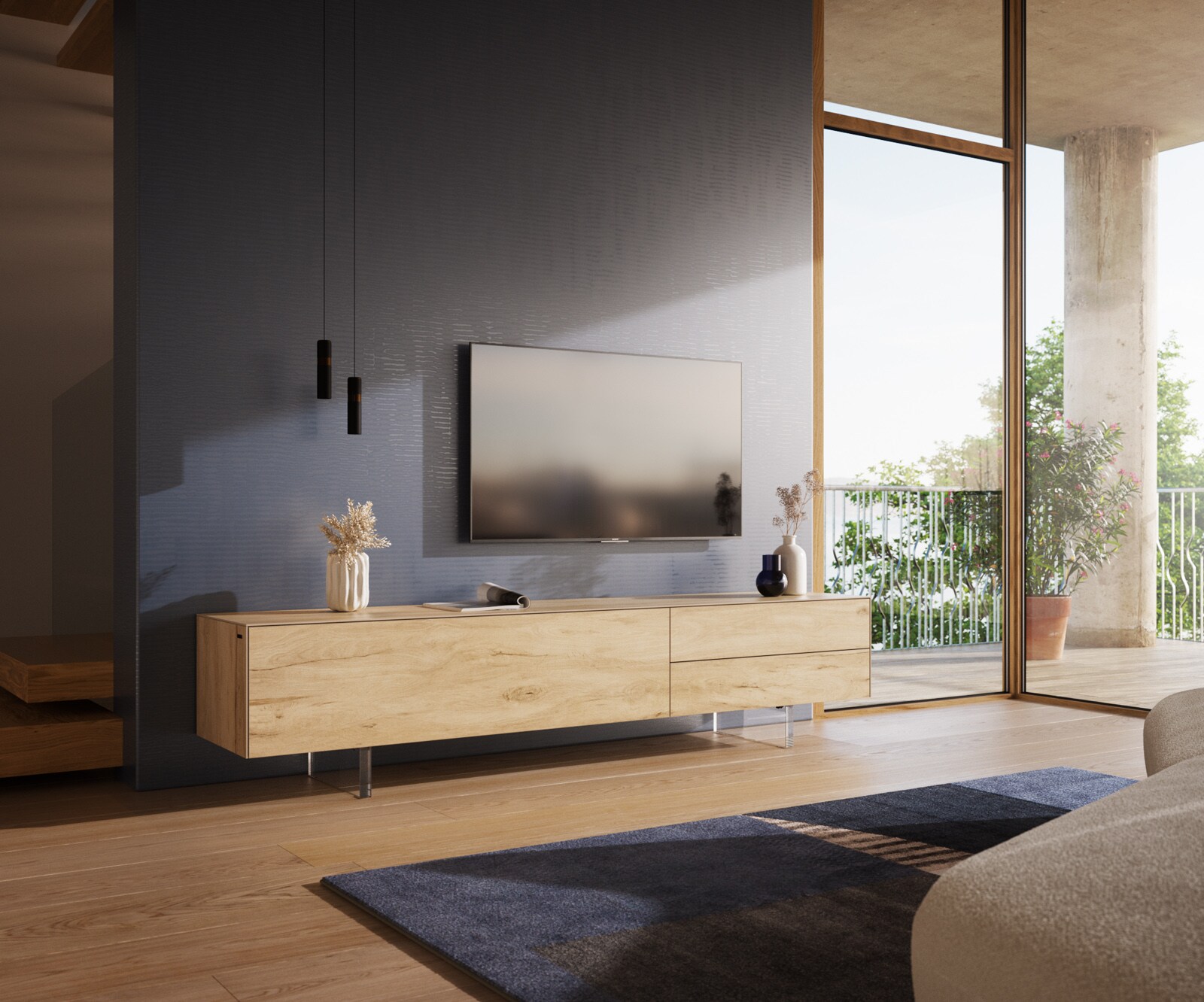 Meuble-TV Cuor 220 cm Céramique Laminam® Sabbia Teinte chêne 1 Clapet 2 Tiroirs Pied optique flottant Verre acrylique 1