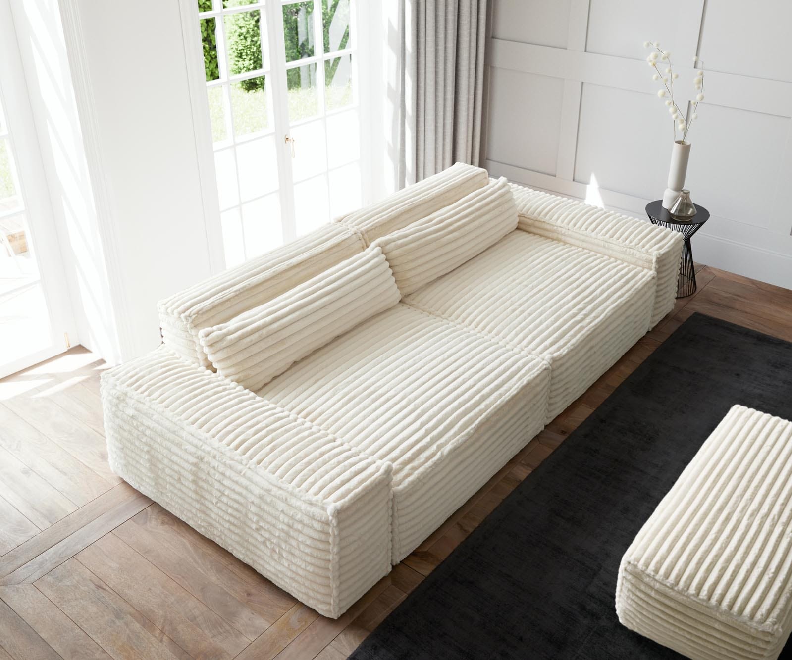Grand Canapé Sirpio XL 270x130 cm velours côtelé beige avec pouf 3 Grand Canapé Sirpio XL 270x130 cm velours côtelé beige avec pouf 3
